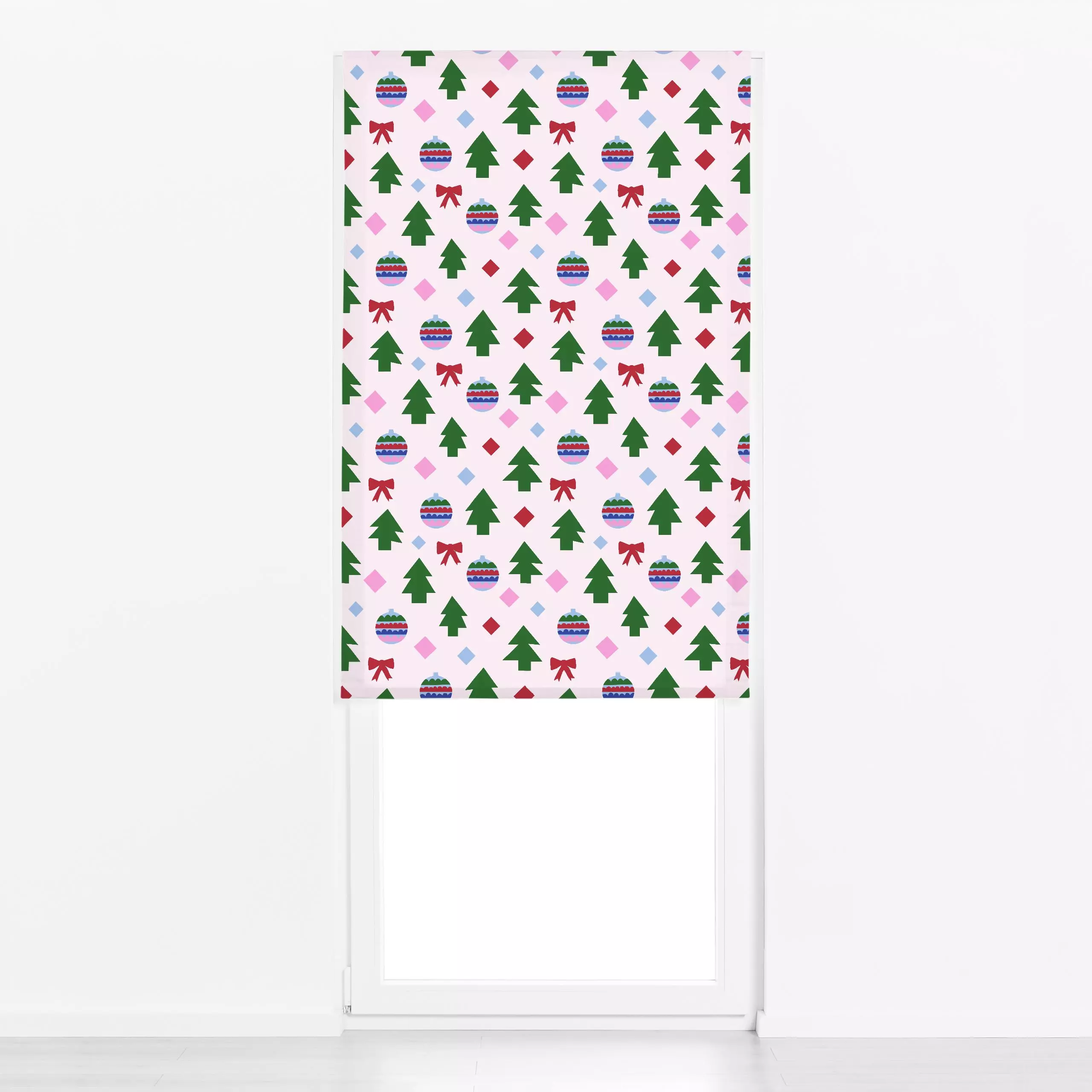 Raffrollo Weihnachtsmuster auf hellrosa - Weihnachten, Winter - von „Iris Knabenschuh Textildesign"; Merry Christmas, Tannen...