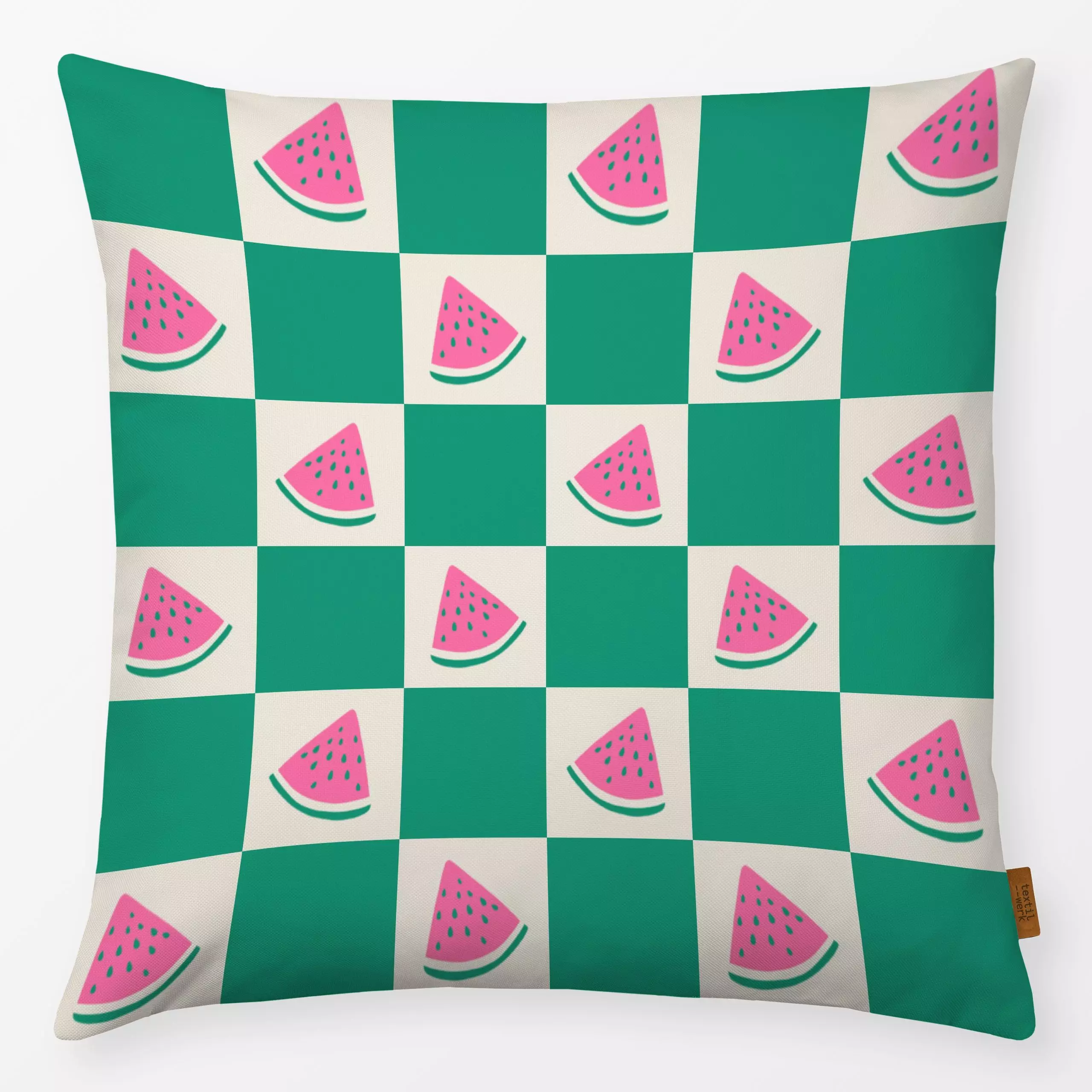 Kissen Checks Watermelon Green - Sommer, Symbole & Muster, Früchte - von „textilwerk"; Illustration, Sommer, trend, pink, bu...