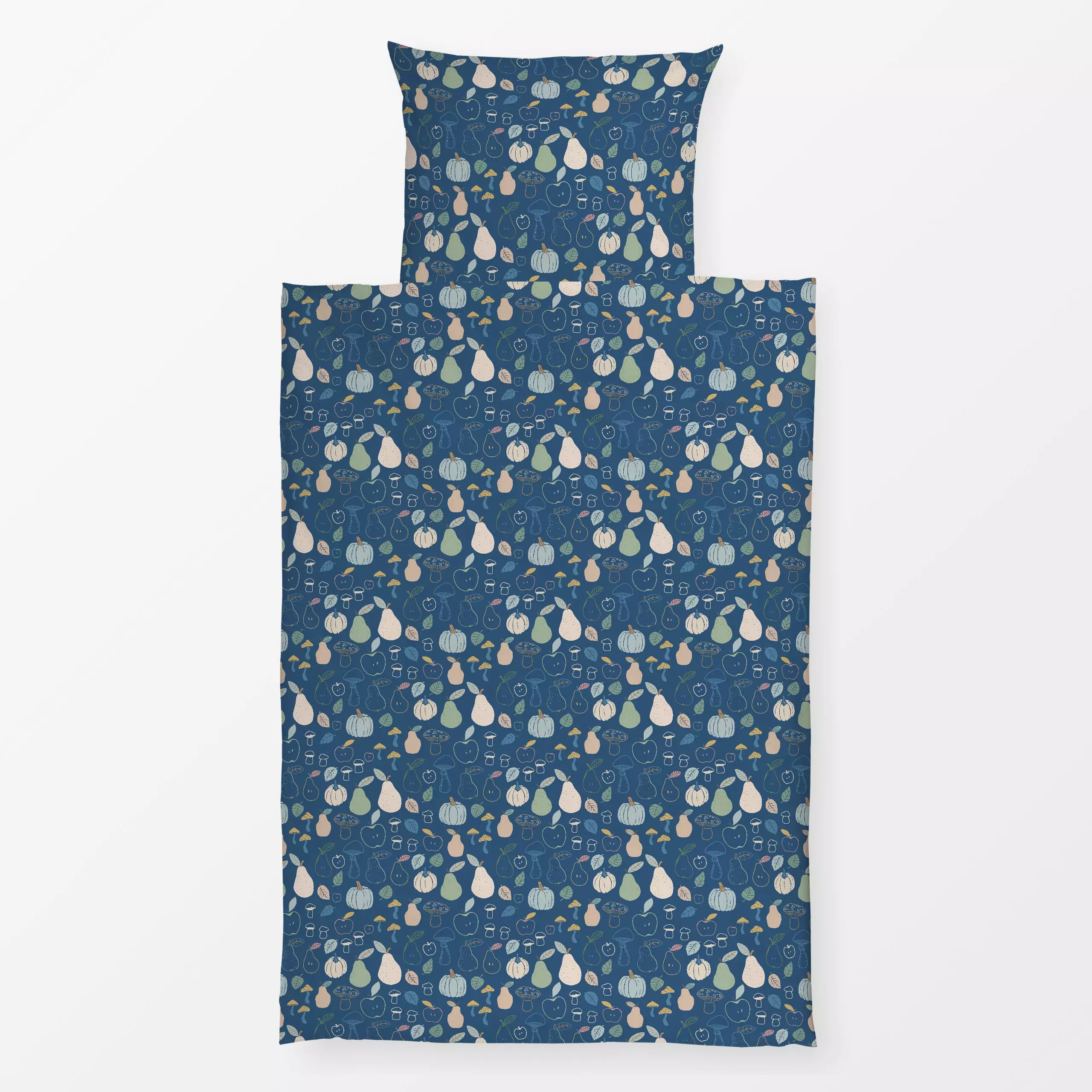 Bettwäsche Apfel Birne Kürbis Pilz blau - von „Katrin Graff"; Blatt, Kinderzimmer, dunkelblau, herbstlich, Kindermotiv, kunt...