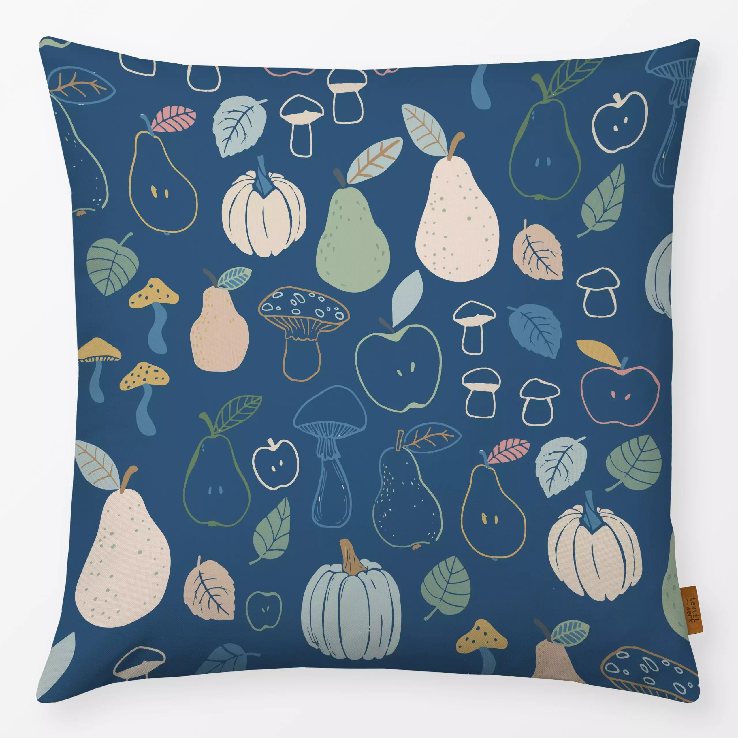 Kissen Apfel Birne Kürbis Pilz blau - von „Katrin Graff“; Blatt, Kinderzimmer, dunkelblau, herbstlich, Kindermotiv, kunterbu...