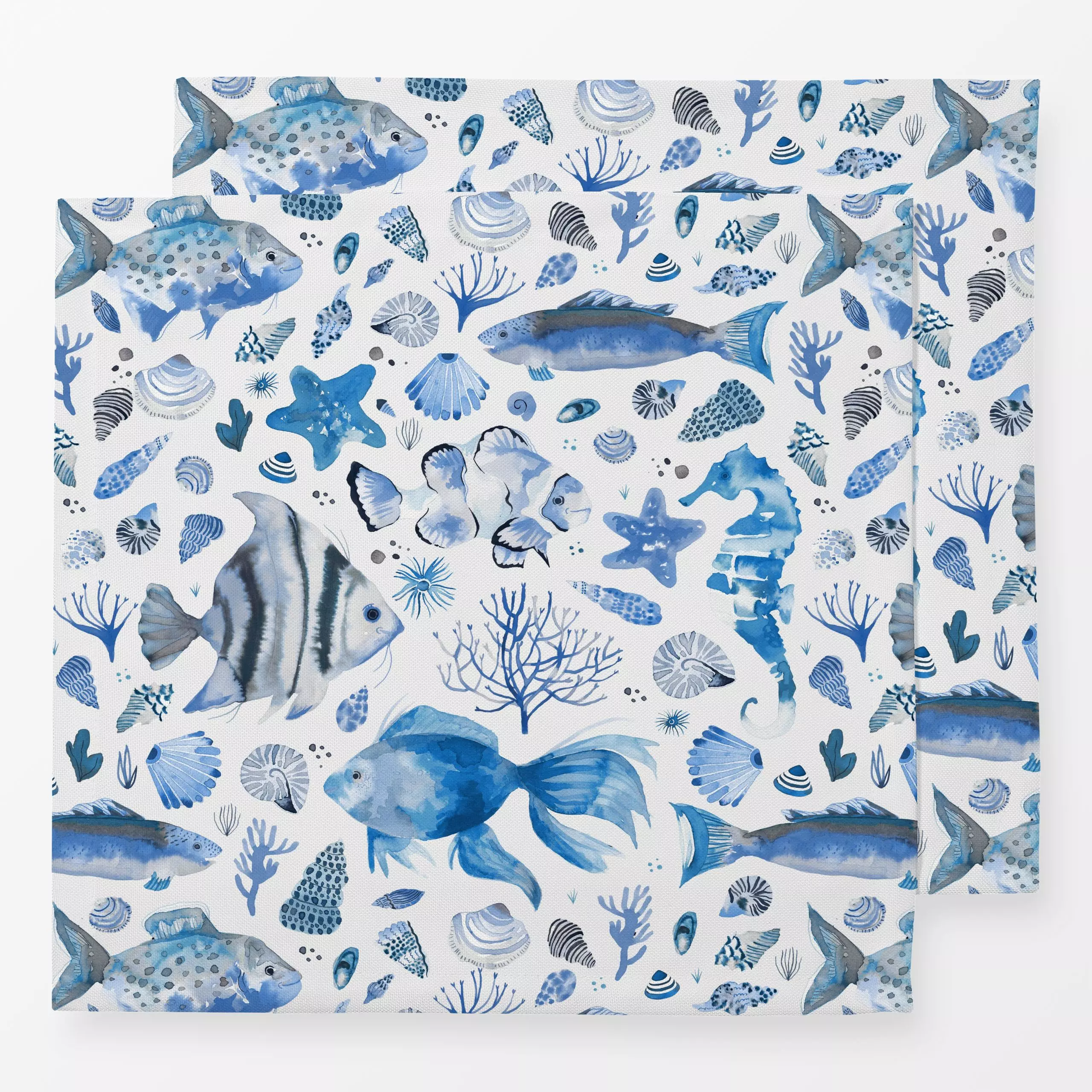 Servietten Fishes and Shells Marine Blue - Sommer, Tiere, Reise - von „Ninola Design "; Aquarell, Ozean, Meer, Strand, Fisch...