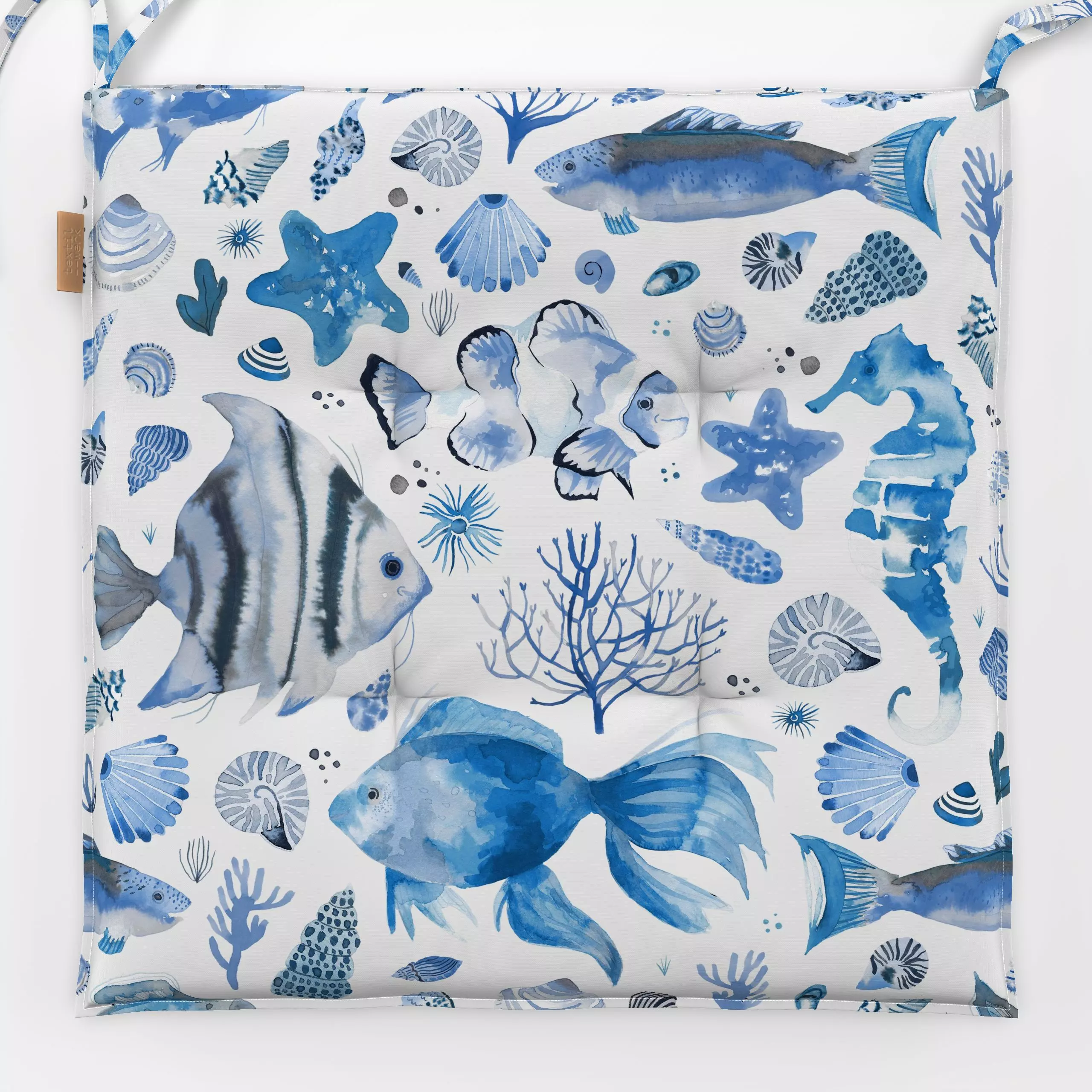 Sitzkissen Fishes and Shells Marine Blue - Sommer, Tiere, Reise - von „Ninola Design "; Aquarell, Ozean, Meer, Strand, Fisch...