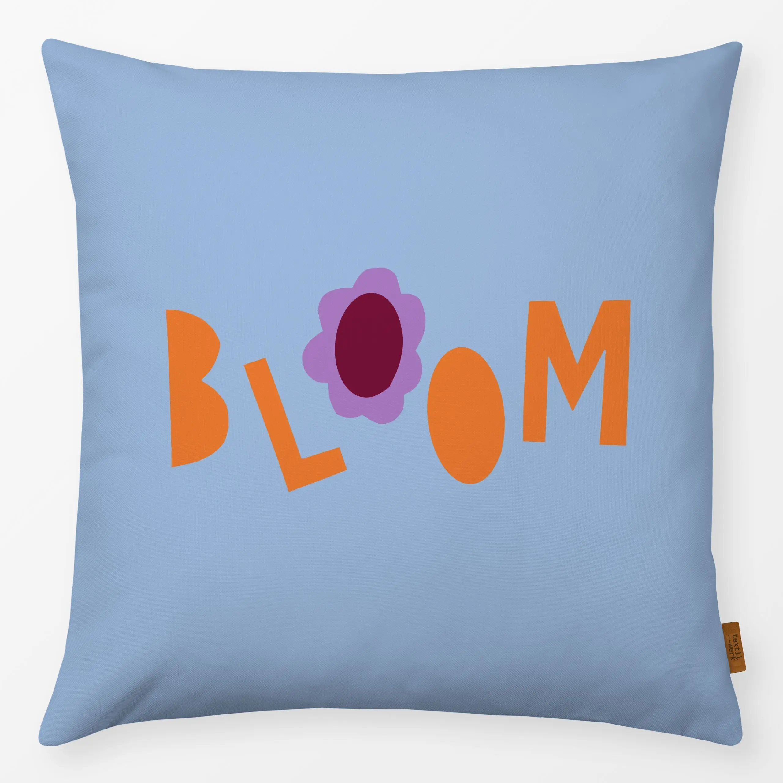 Kissen Bloom hellblau orange - Frühling, Sprüche & Schriftzüge, Pflanzen & Botanik - von „Iris Knabenschuh Textildesign"; Bl...