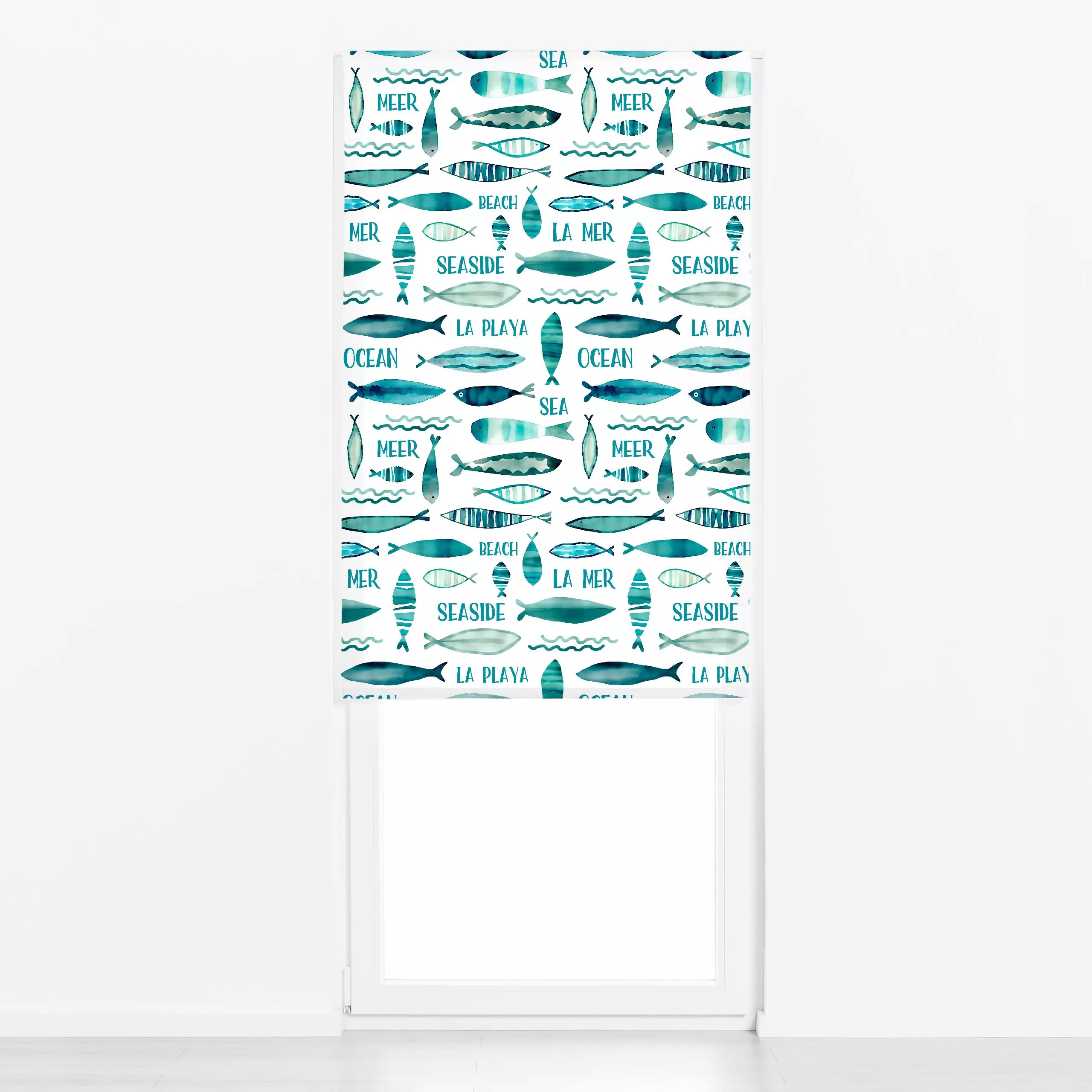 Raffrollo Down By The Sea turquoise - Sommer, Tiere, Sprüche & Schriftzüge - von „Andrea Haase"; Meer, Strand, Fische, Urlau...