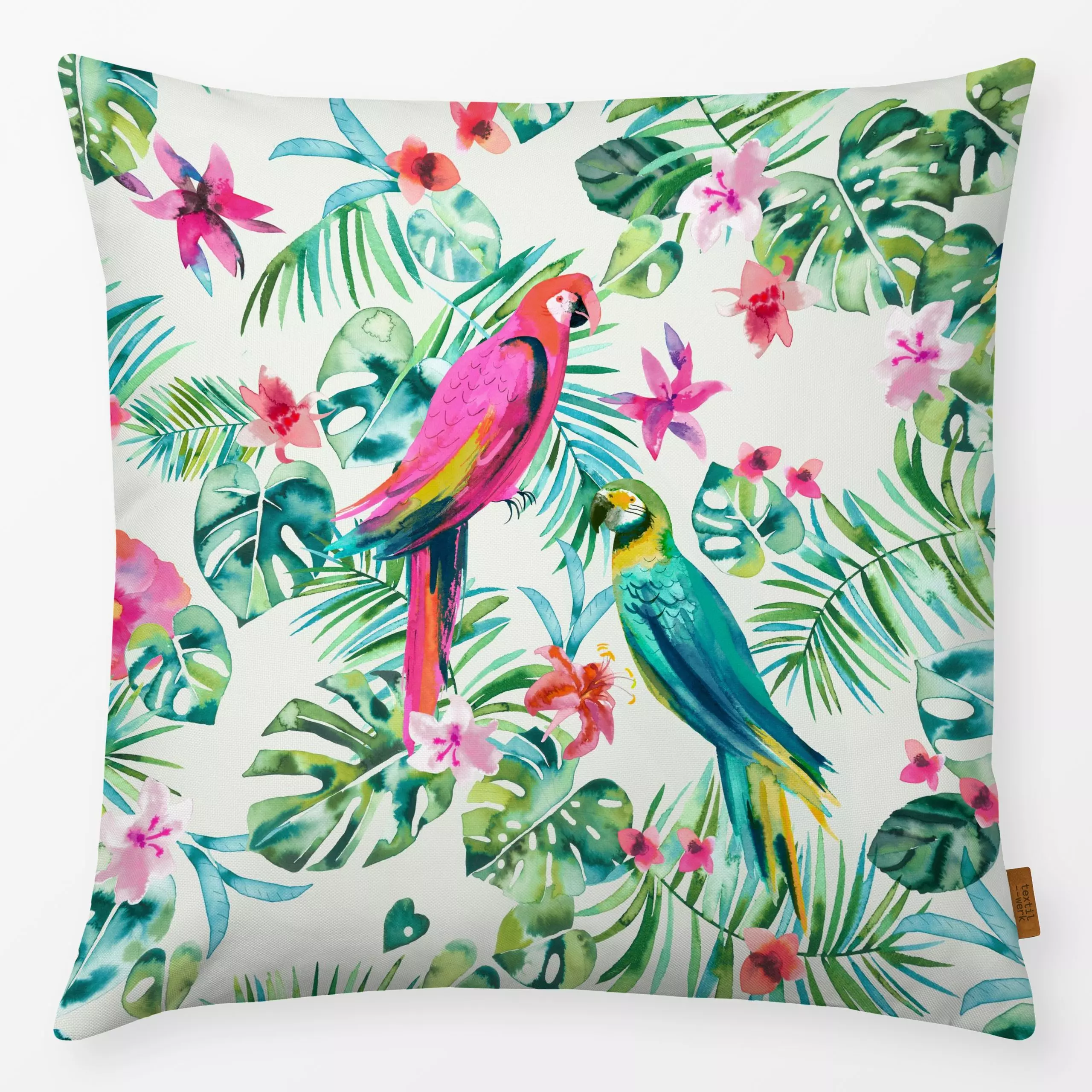 Kissen Tropische Blätter Papageien - Tiere, Pflanzen & Botanik - von „Ninola Design "; Blumen, Palmen, Dschungle, Papagei, t...