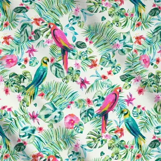 Meterware Tropische Blätter Papageien