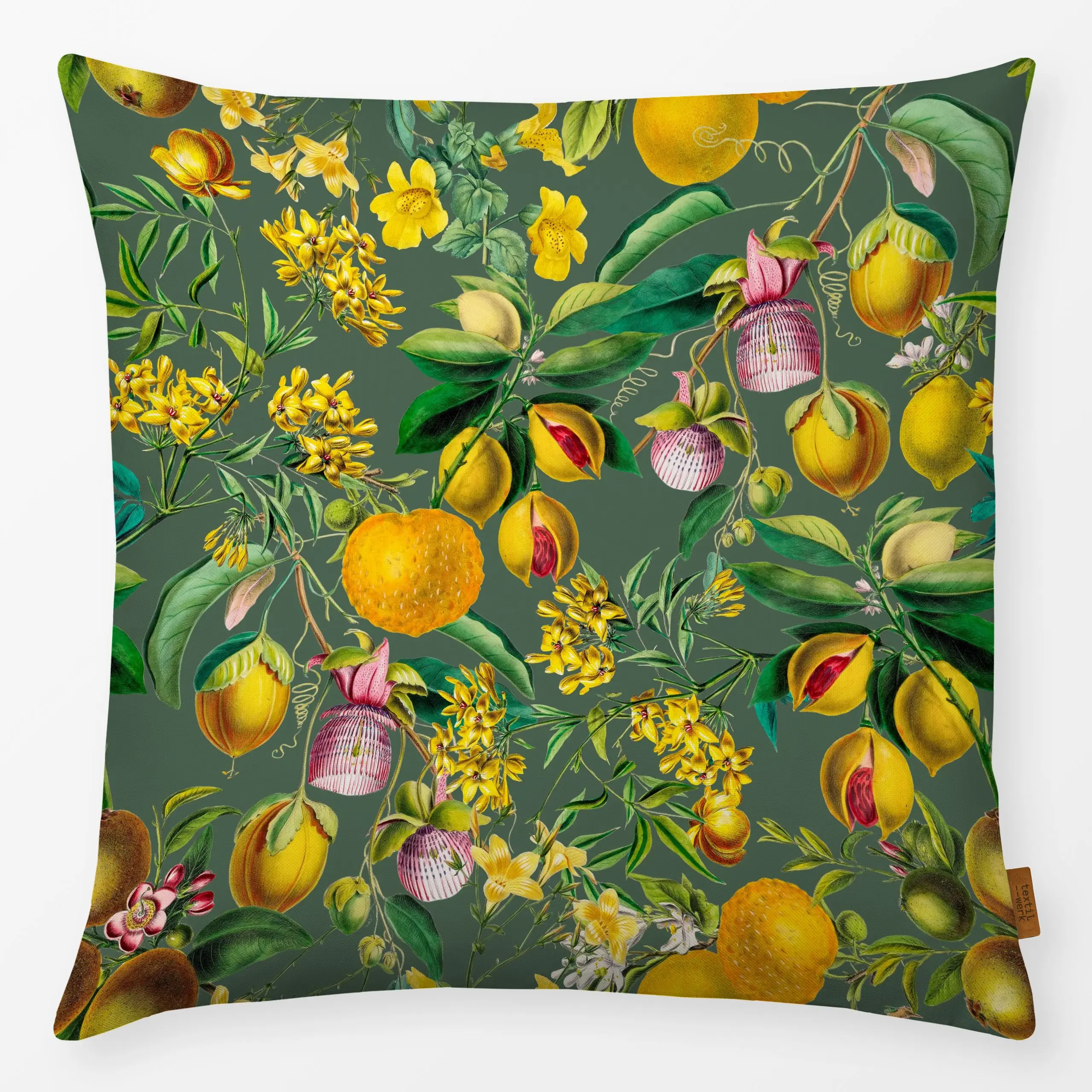Kissen Tropischer Gartenzauber grün - Sommer, Pflanzen & Botanik, Früchte - von „Uta Naumann"; Obst, Muster, Natur, Garten, ...