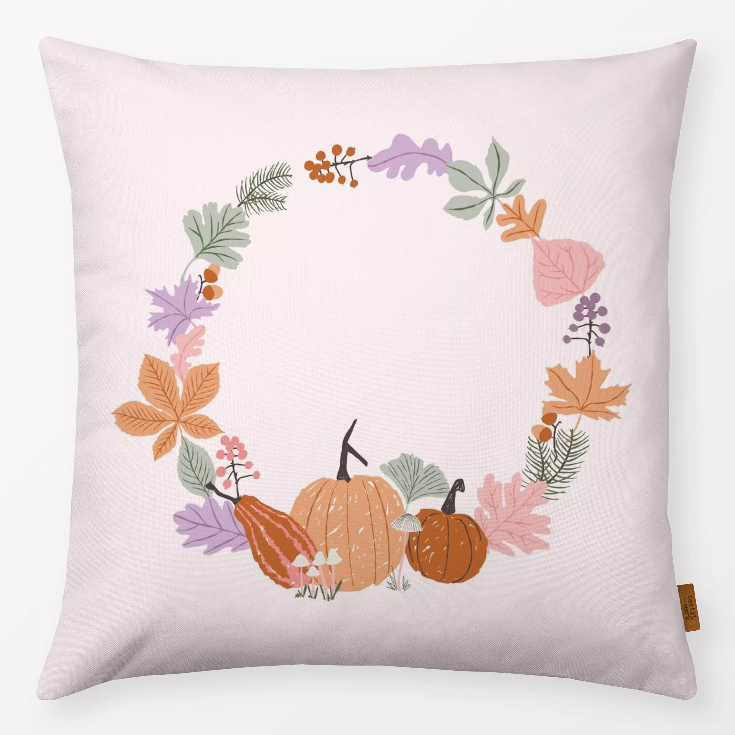 Kissen Herbstkranz Kürbisse - Natur & Landschaft, Pflanzen & Botanik, Gemüse - von „DEINKI"; Blätter, Herbst, Herbstdeko, pi...