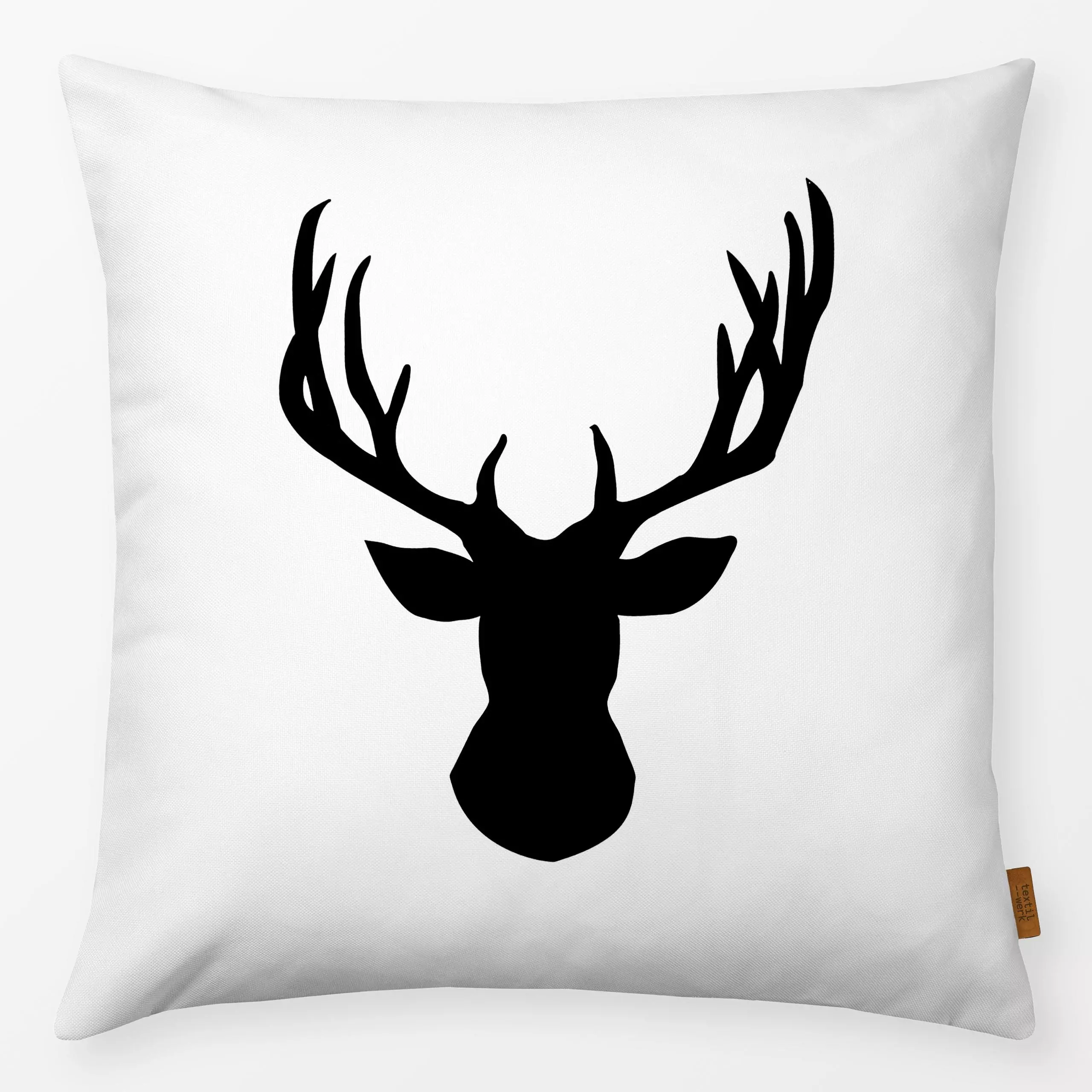 Kissen Hirsch Schwarzweiss - Tiere, Weihnachten, Winter - von „Monika Strigel"; Natur, Wald, Winter, Silhouette, Hirsch, Sca...