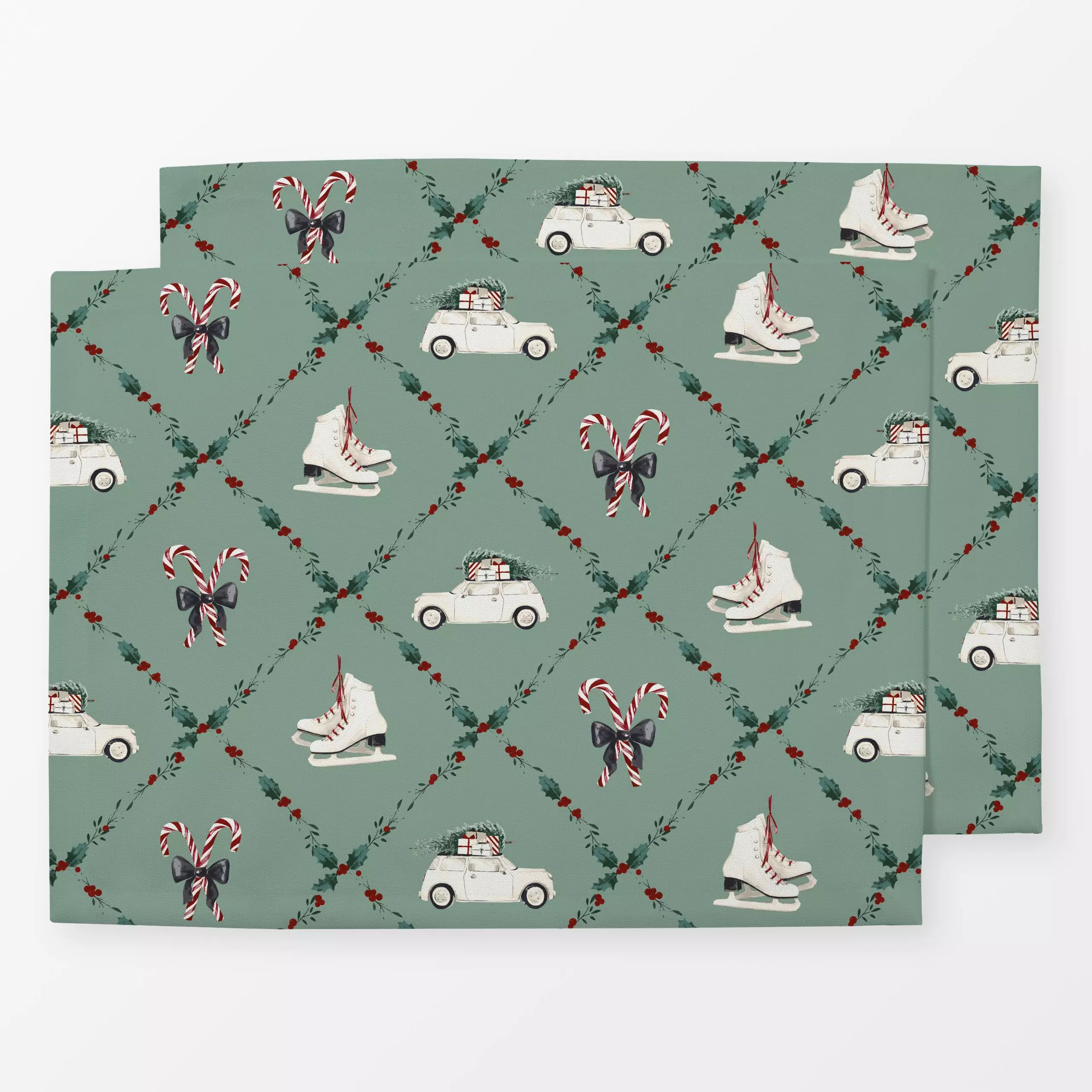Tischset Joys of Christmas grün - Weihnachten, Winter, Anlässe - von „Katrin Graff"; Schlittschuh, Weihnachten, Auto, Zucker...