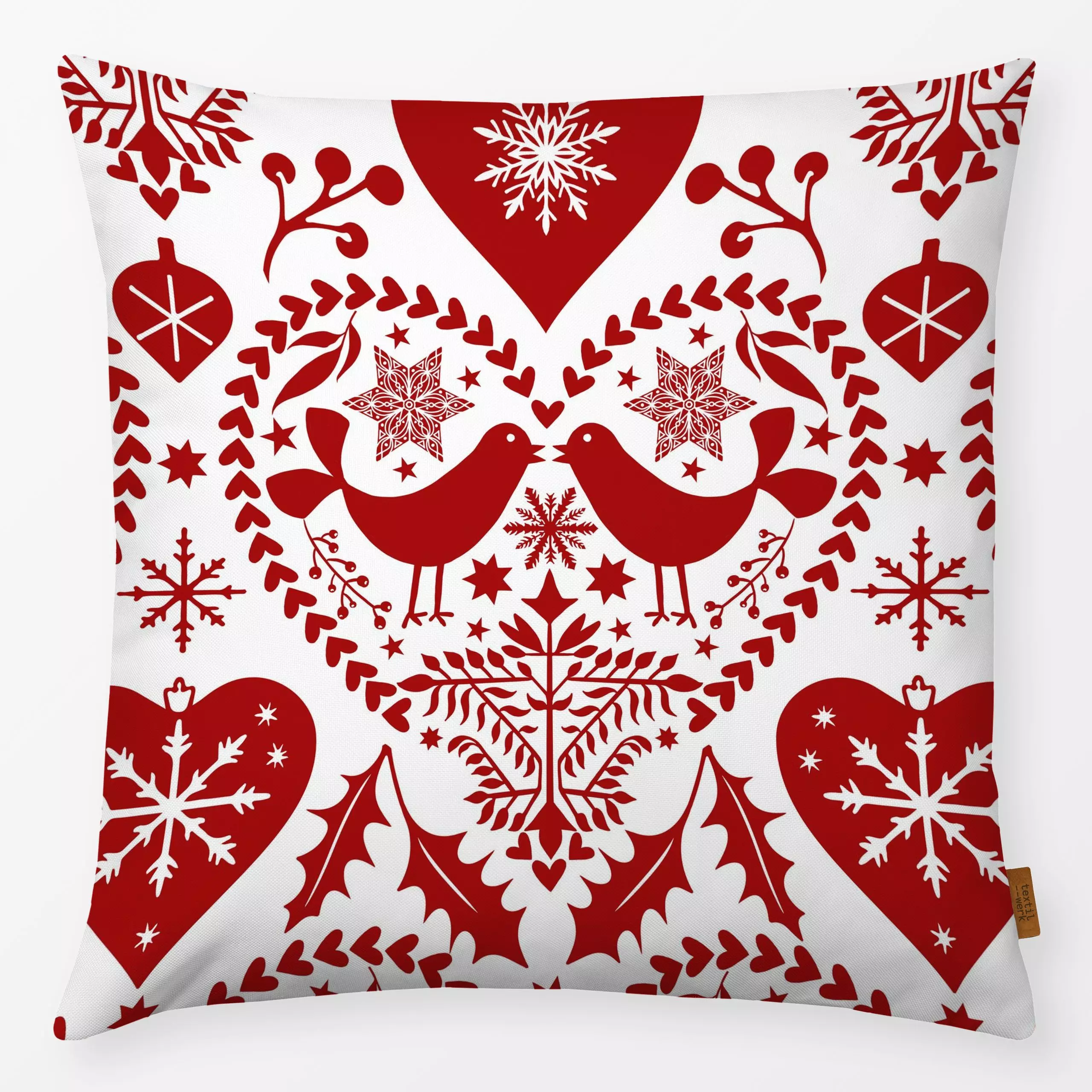 Kissen Nordic Noel Red White - Weihnachten - von „Andrea Haase"; skandinavisch, Hygge, Vogel, Herzen, weihnachtlich, Nordisc...