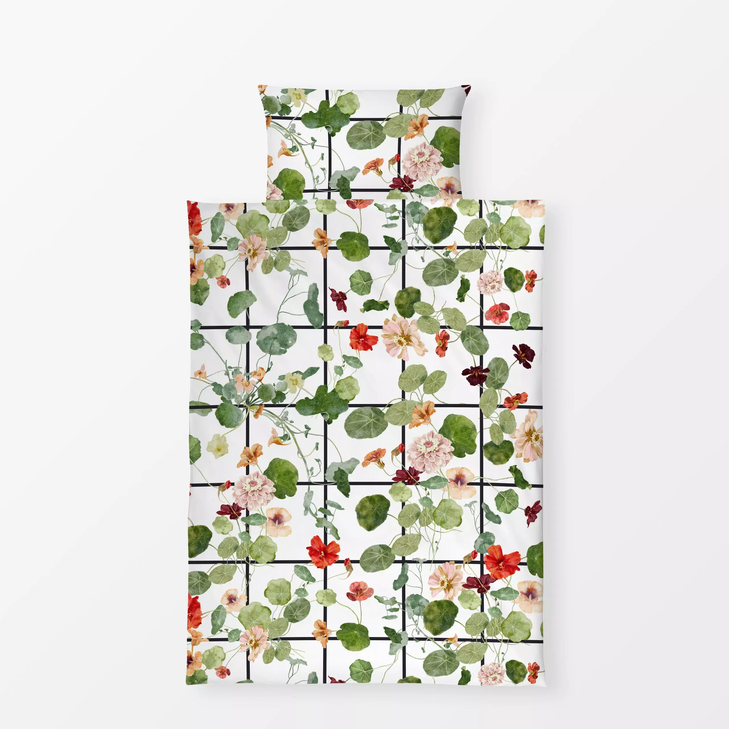 Bettwäsche Karo Kapuzinerkresse - Blumen & Florales, Symbole & Muster - von „Uta Naumann"; boho, Blumen, Blätter, Garten, Bl...