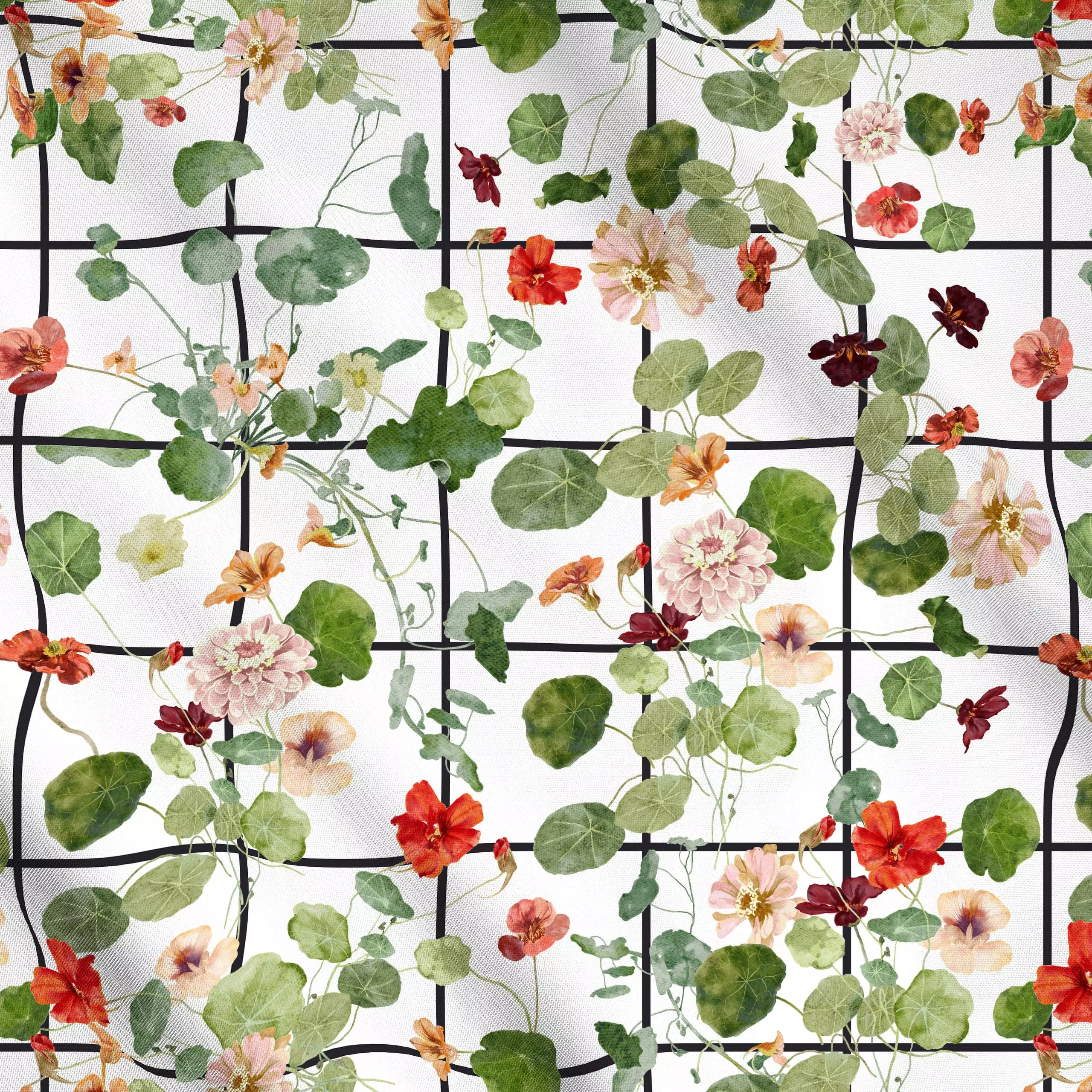 Meterware Karo Kapuzinerkresse - Blumen & Florales, Symbole & Muster - von „Uta Naumann"; boho, Blumen, Blätter, Garten, Blü...