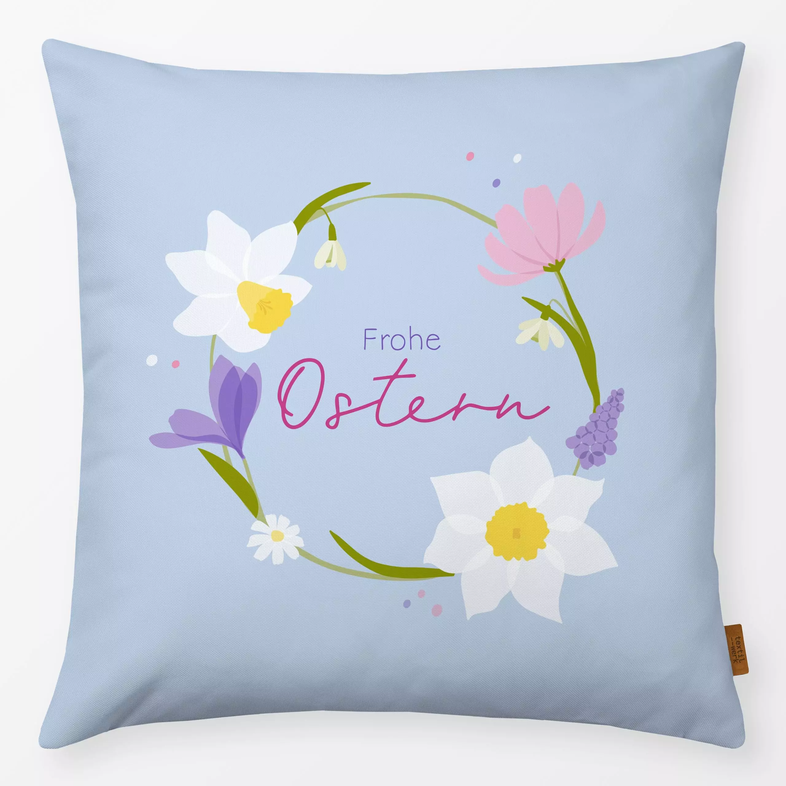 Kissen Frohe Ostern Blumenkranz - Blumen & Florales, Frühling, Ostern - von „Carolin Vonhoff"; Blumen, Schneeglöckchen, Oste...