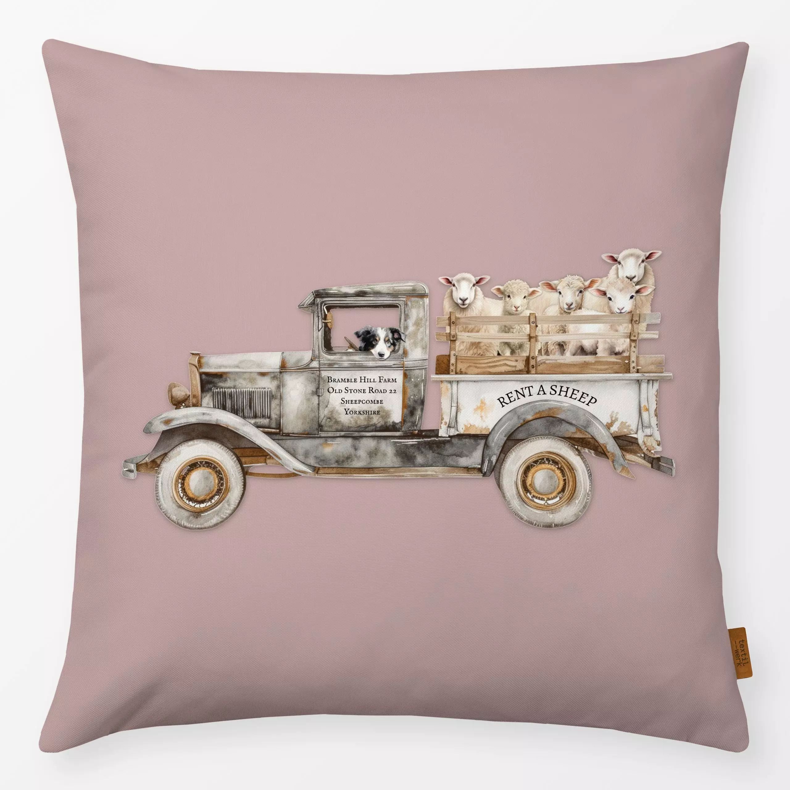 Kissen Farm Vintage Truck England - Tiere, Retro & Vintage - von „Monika Strigel"; Schaf, vintage, MonikaStrigel, Bauernhof,...