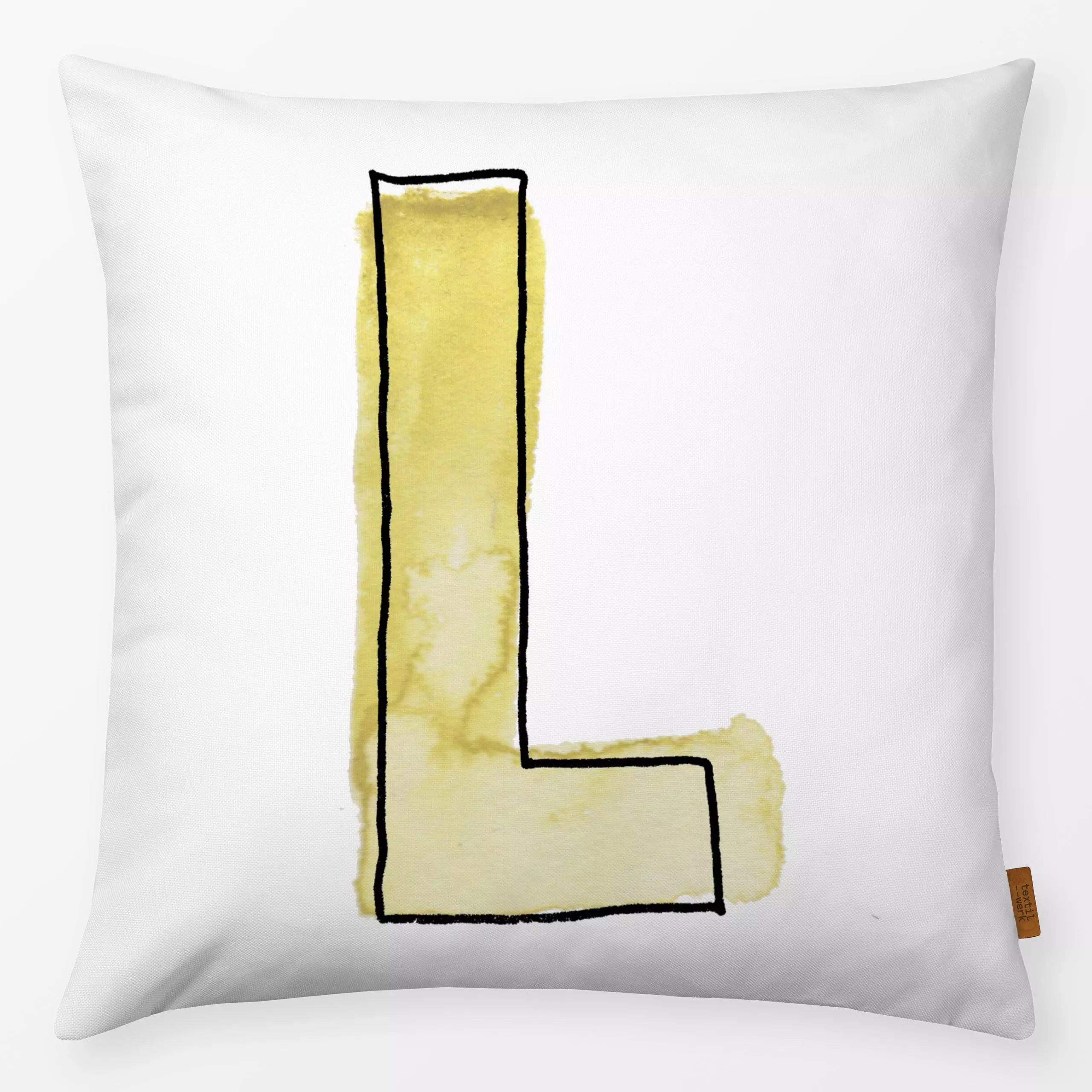 Kissen L Buchstabe zitronengelb - Kinderzimmer & Motive für Kinder, Sprüche & Schriftzüge - von „brushmeetspaper"; Wasserfar...
