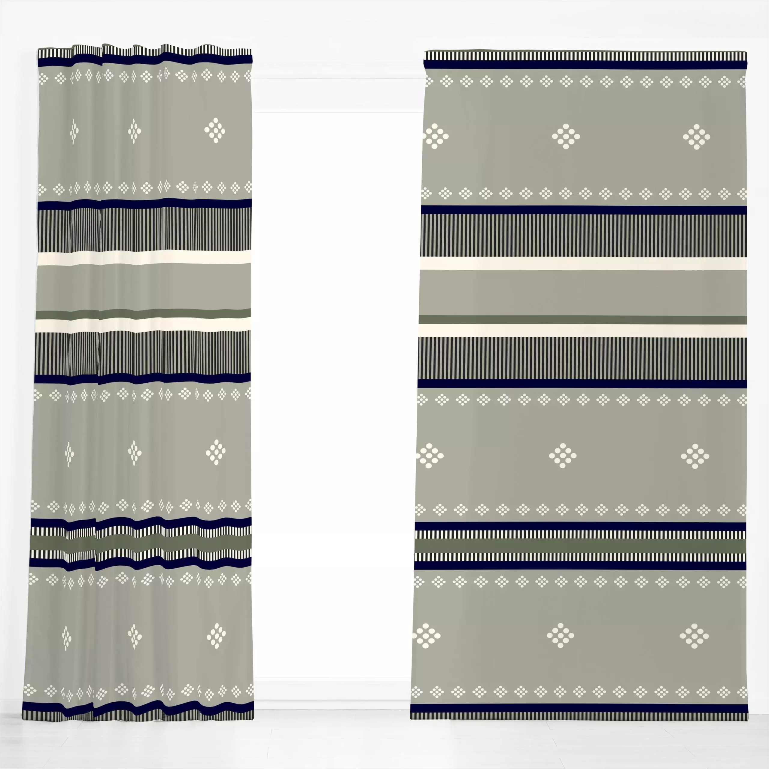 Dekovorhang Mediterran green grey Boldness - Symbole & Muster - von „Eda Şahin"; Linien, Streifen, mediterran, Ethno, tradit...