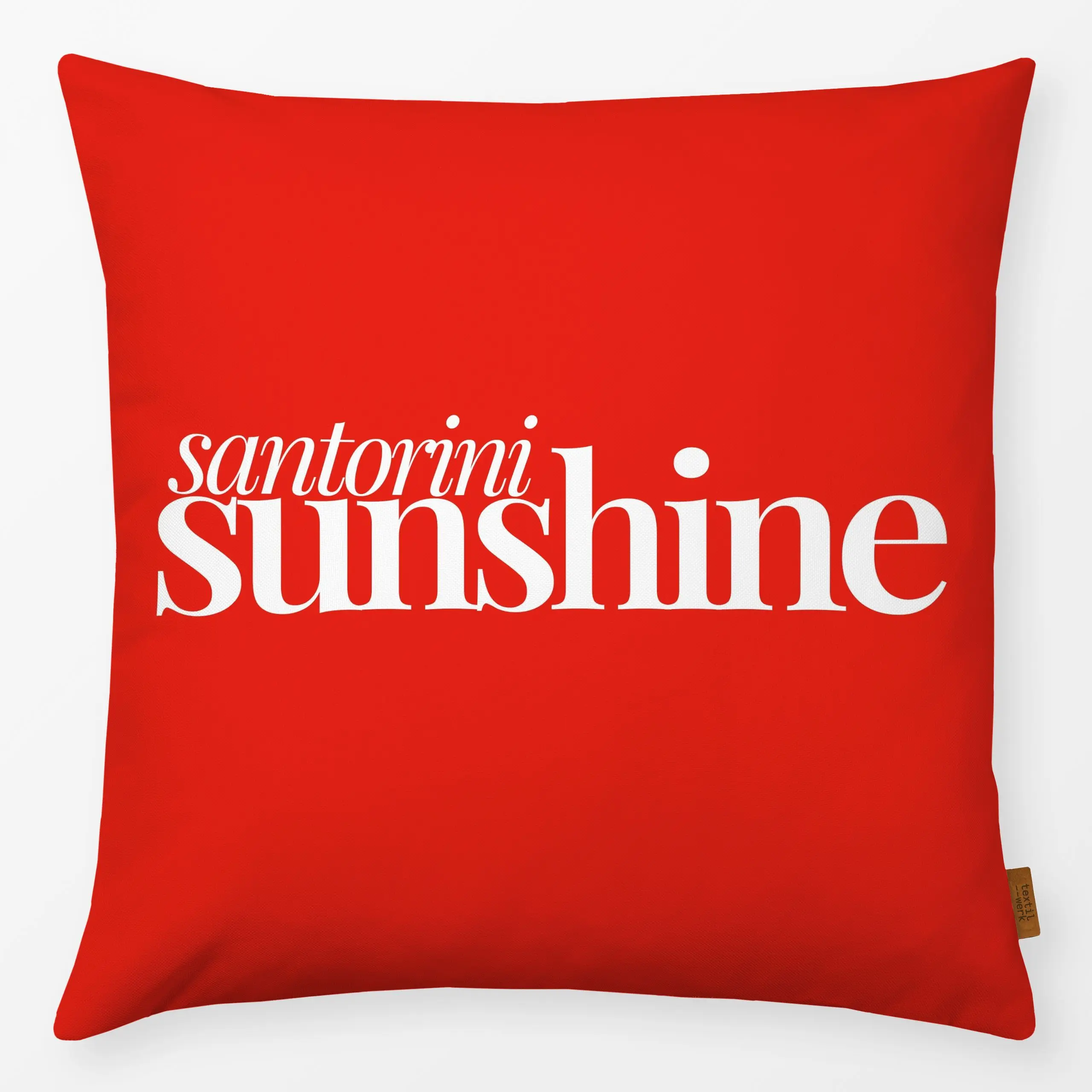 Kissen Santorini Sunshine - Sommer, Sprüche & Schriftzüge - von „By Anna Sienna"; Sonne, typografie, rot, sunshine, sonnensc...