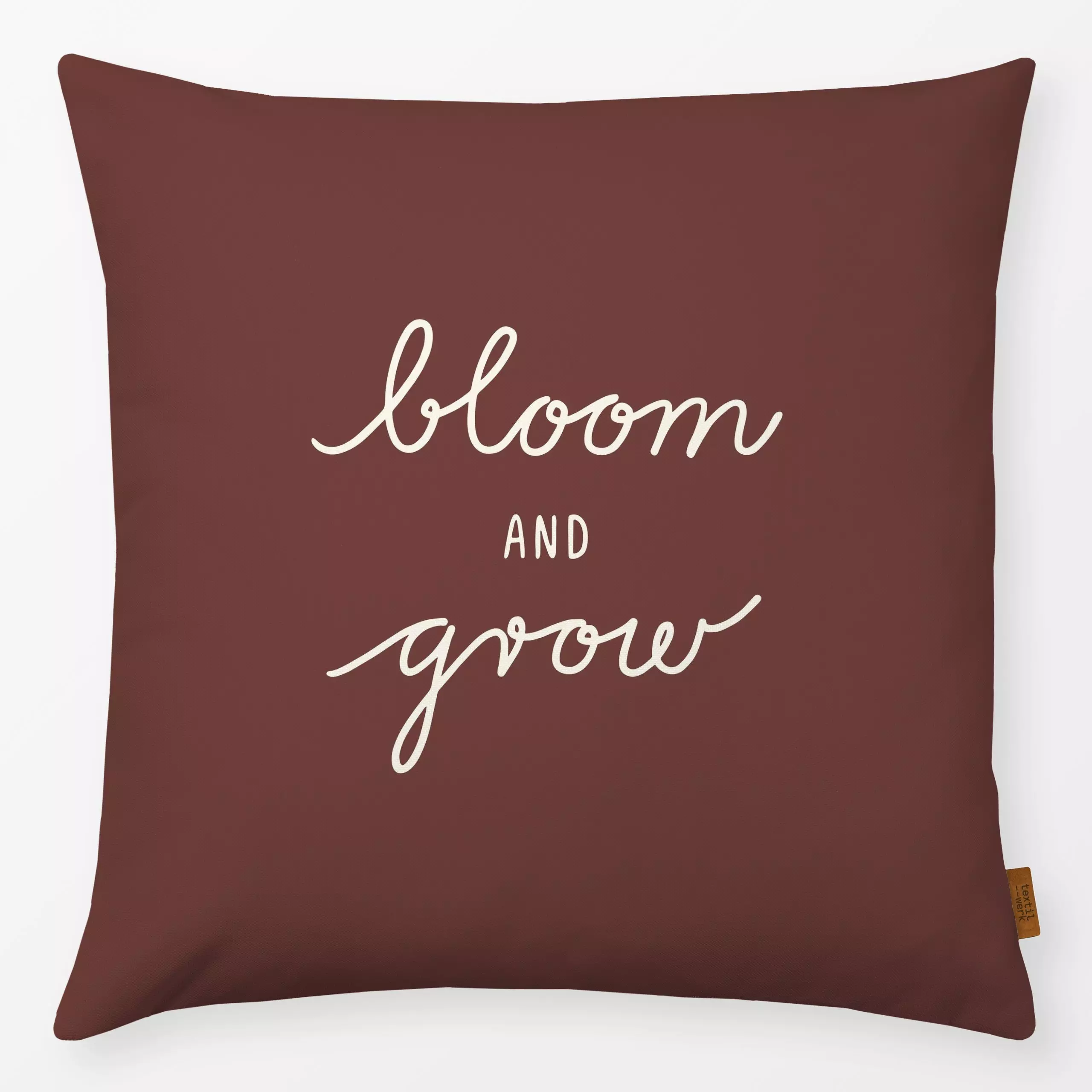 Kissen Bloom And Grow braun beige - Frühling, Sprüche & Schriftzüge - von „Kathrin Woo"; Spruchkissen, Fruehling, Gartendeko...
