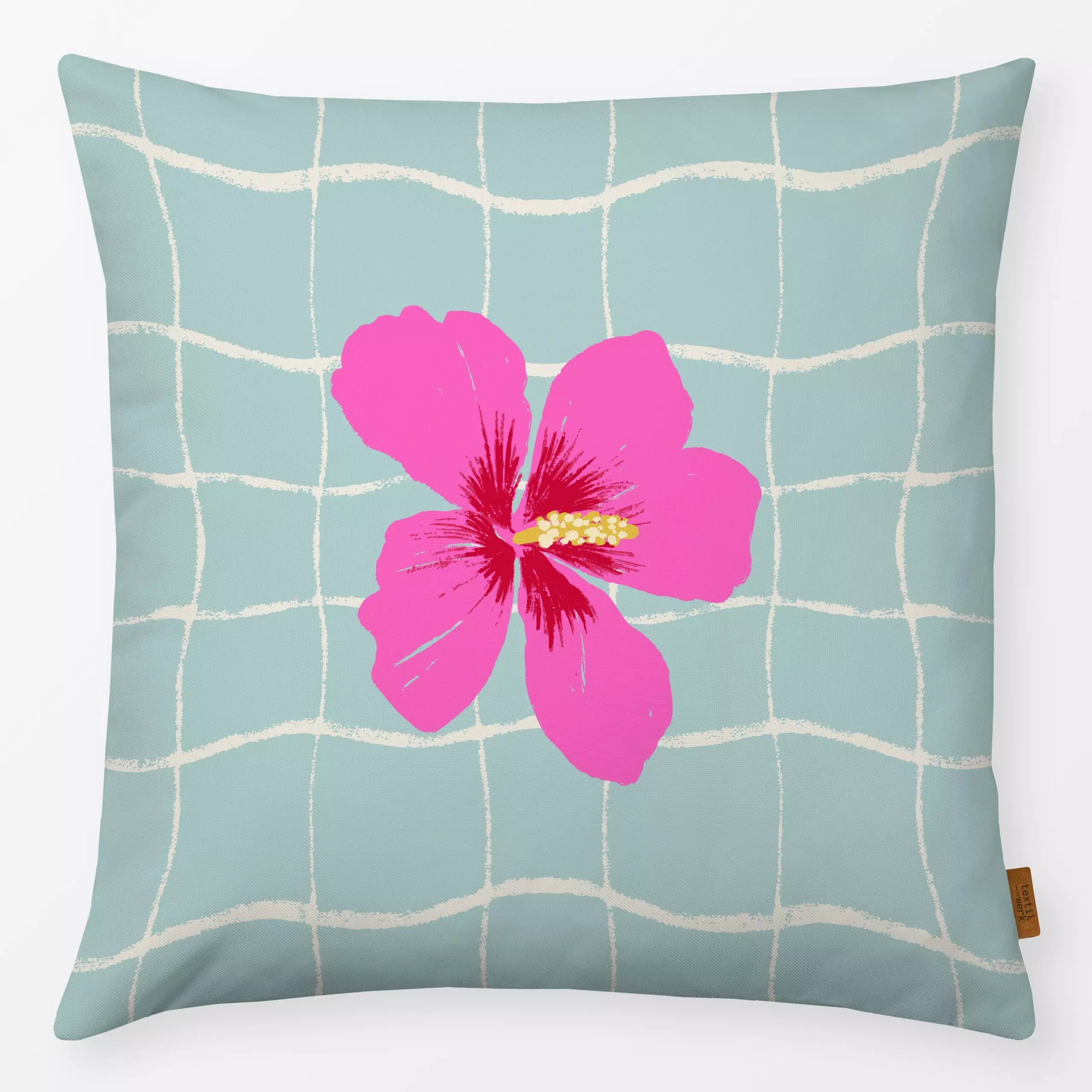 Kissen cool Hibiskus türkis pink - Blumen & Florales, Sommer, Symbole & Muster - von „Katrin Graff"; Retro, Garten, Blüten, ...
