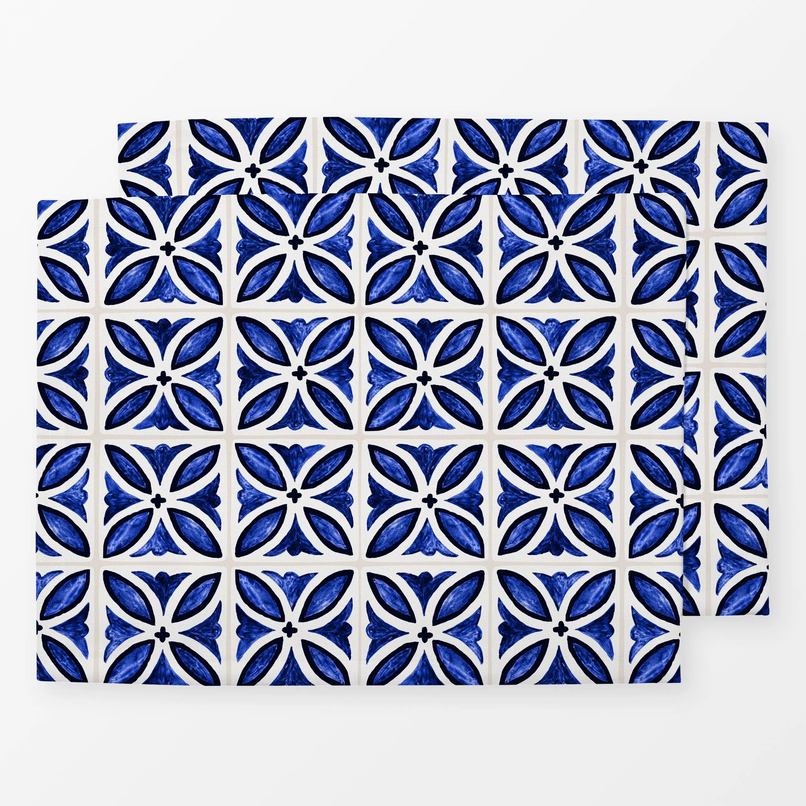 Tischset Azulejo Pattern 8 - Sommer, Symbole & Muster - von „Karen Menzenbach"; Aquarell, Sommer, floral, dunkelblau, Fliese...