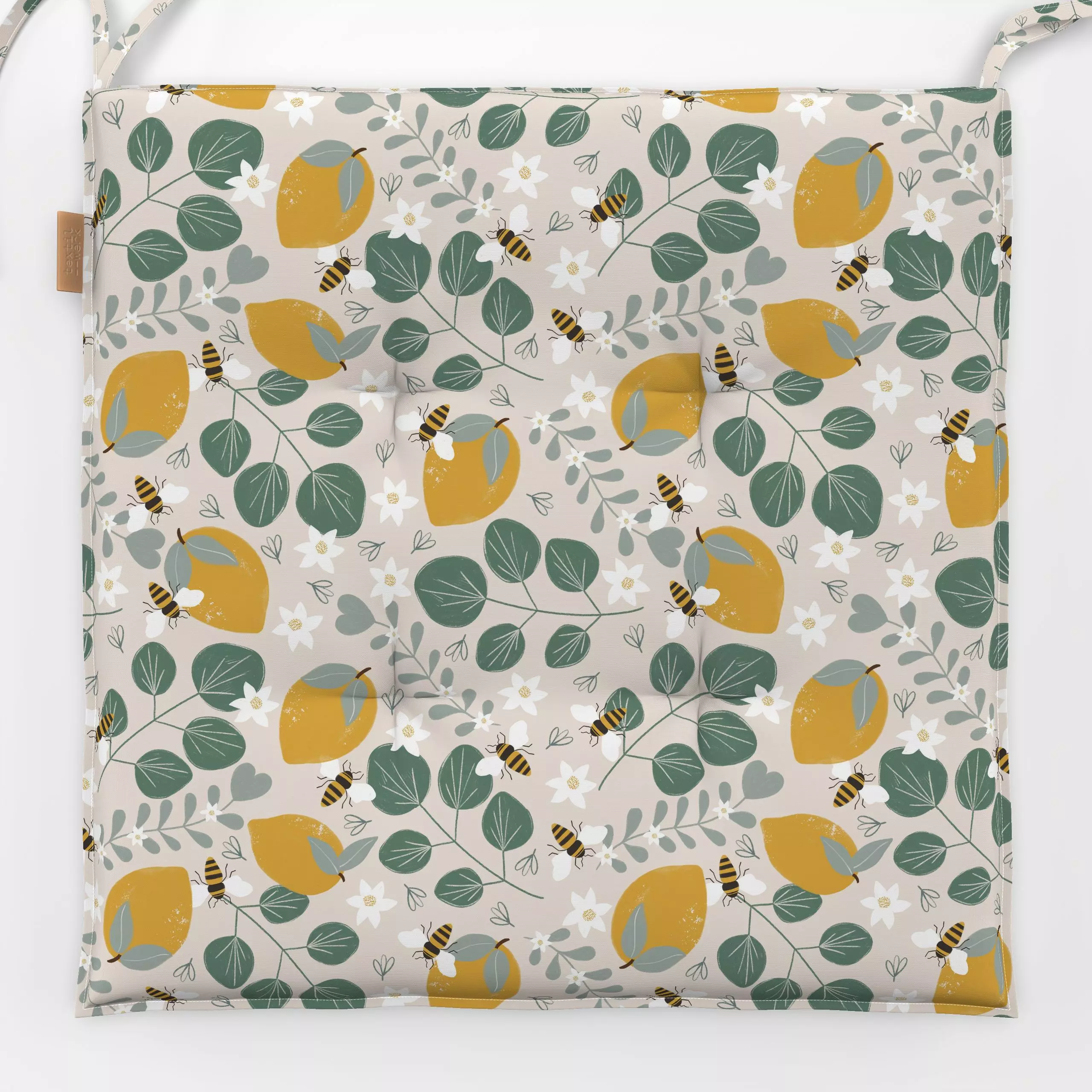 Sitzkissen Lemons & Flowers - Blumen & Florales, Frühling - von „Menina Lisboa "; Blumen, Blätter, Zitrone, Früchte, Bienen,...