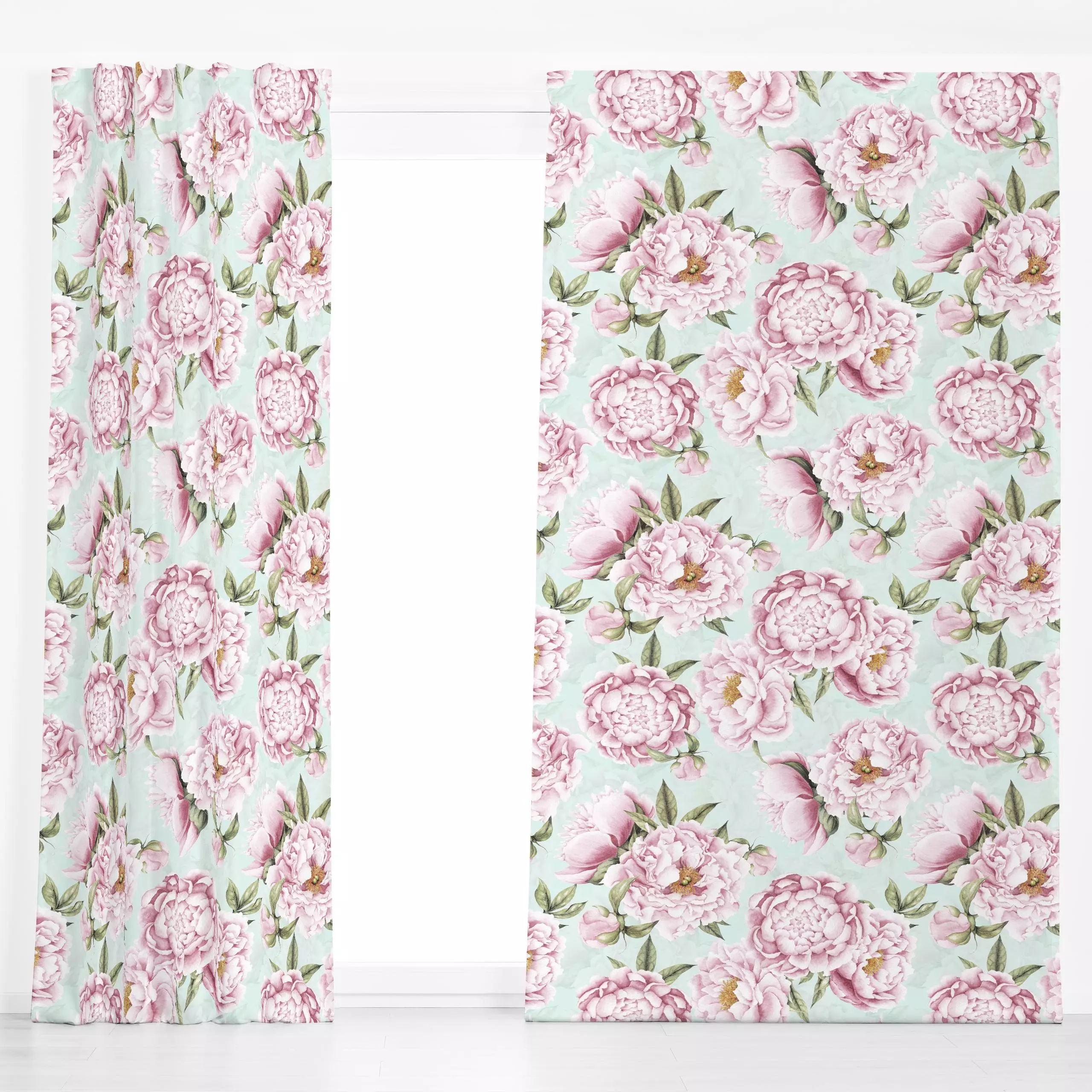 Dekovorhang Rosa Pfingstrosen auf Blau - Blumen & Florales, Frühling - von „Uta Naumann"; boho, Muster, Wasserfarben, skandi...