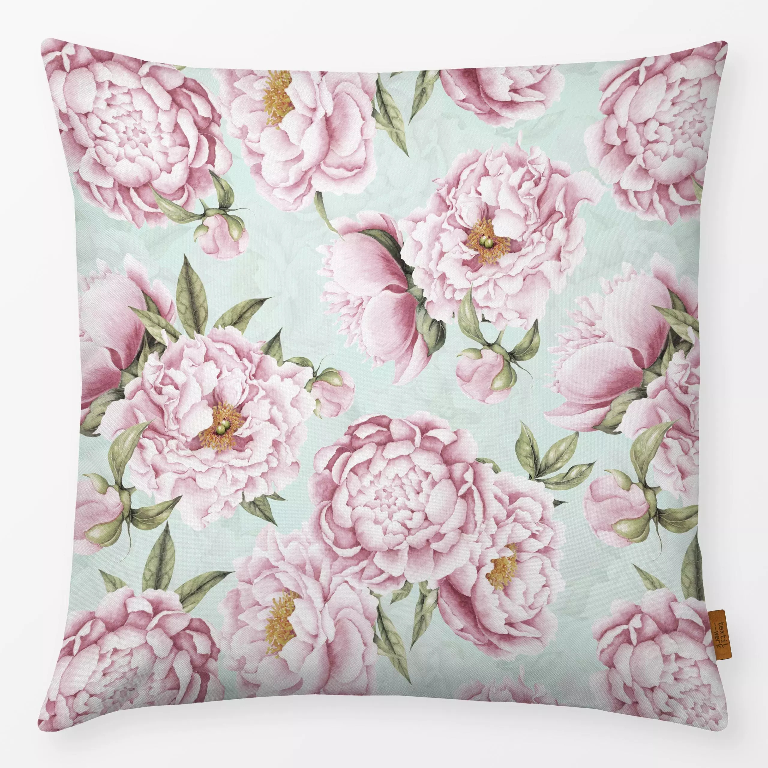 Kissen Rosa Pfingstrosen auf Blau - Blumen & Florales, Frühling - von „Uta Naumann"; boho, Muster, Wasserfarben, skandinavis...