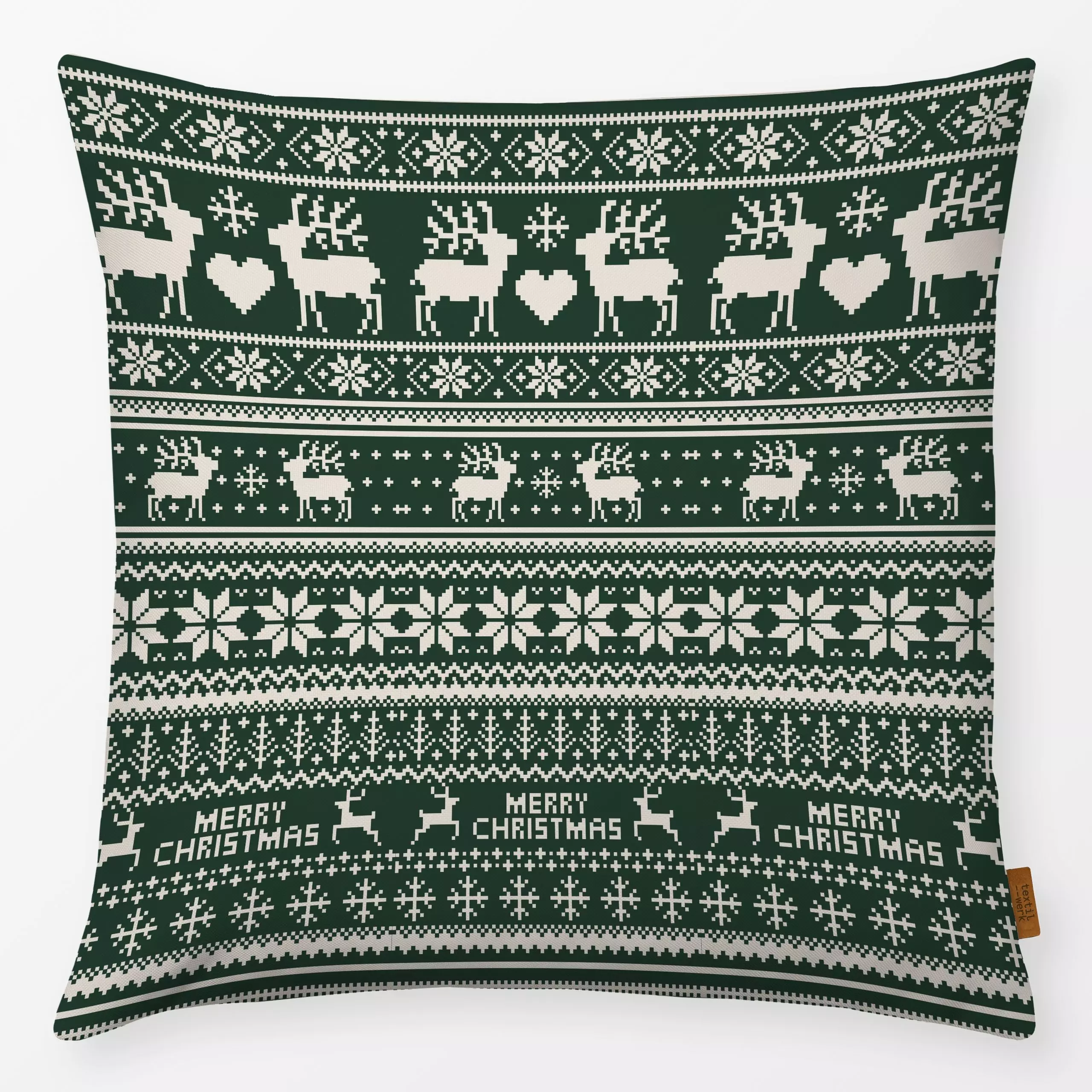 Kissen Merry Christmas sand grün - Weihnachten, Winter, Symbole & Muster - von „Uta Naumann"; boho, Muster, Retro, Rentier, ...