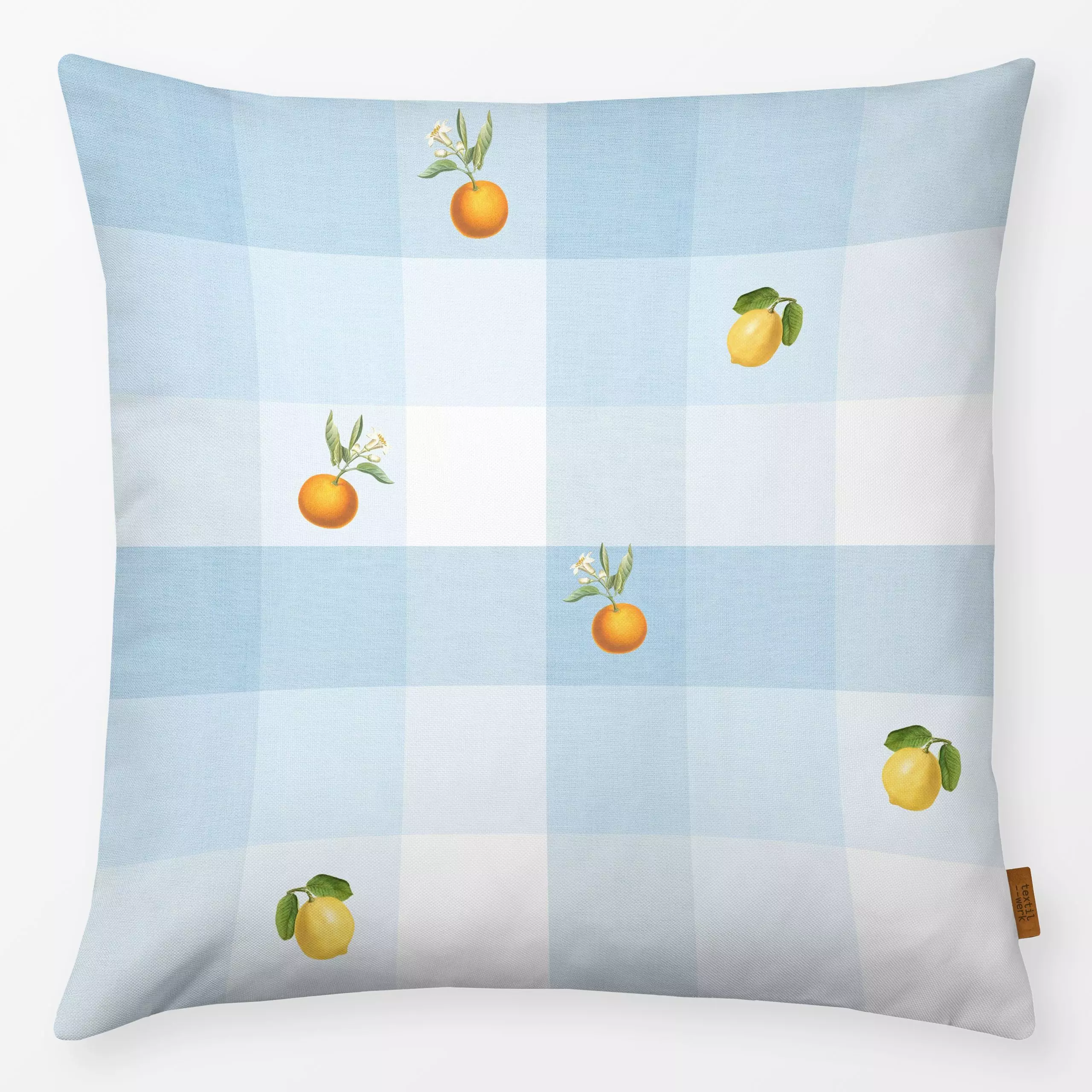Kissen Vintage Citrus Gingham - Blumen & Florales, Symbole & Muster, Früchte - von „Bloomery Decor"; Retro, Orange, Zitrone,...