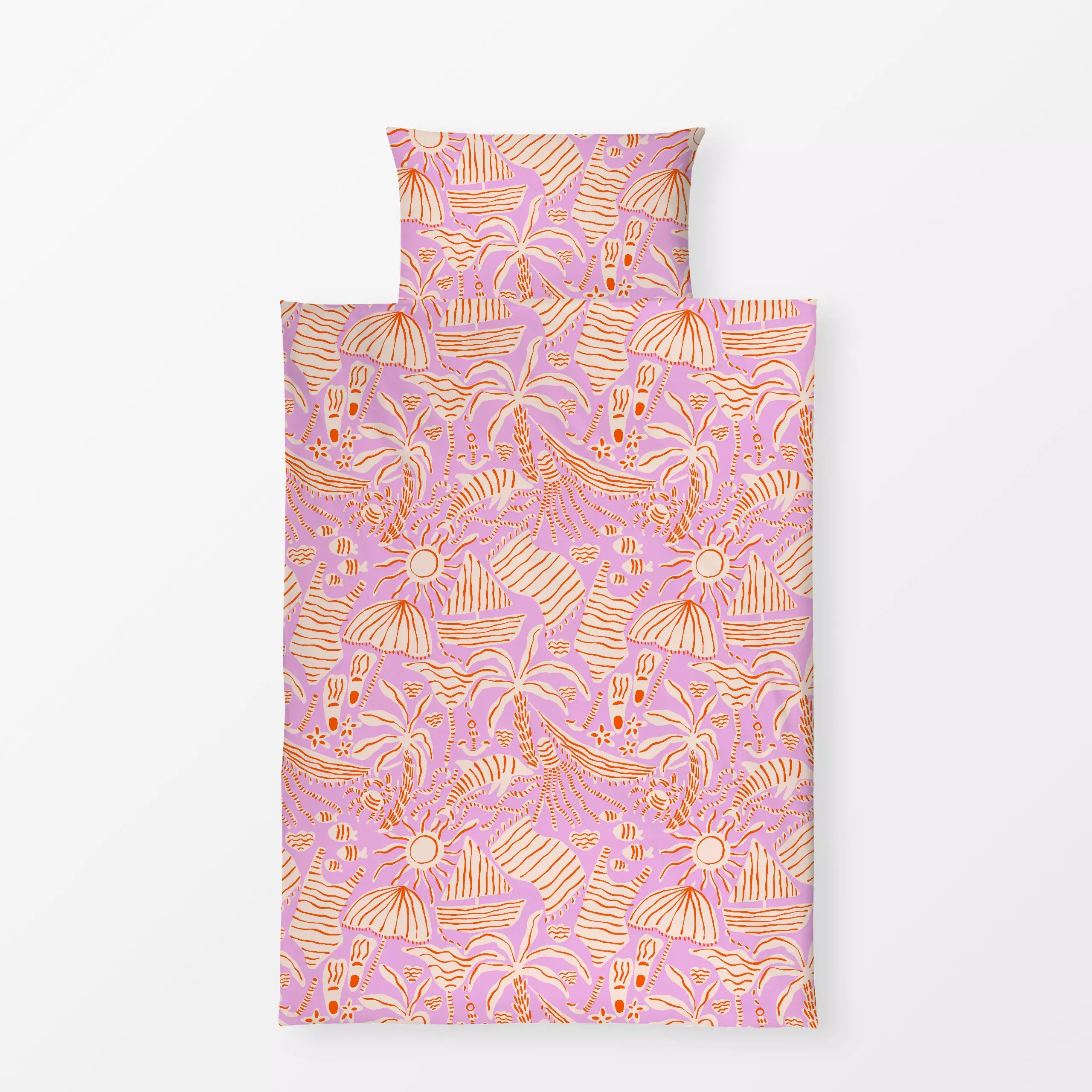 Bettwäsche Urlaub rosa - Sommer, Symbole & Muster - von „Julia Schumacher"; Palmen, Fische, beige, Muscheln, Boot, Qualle, a...