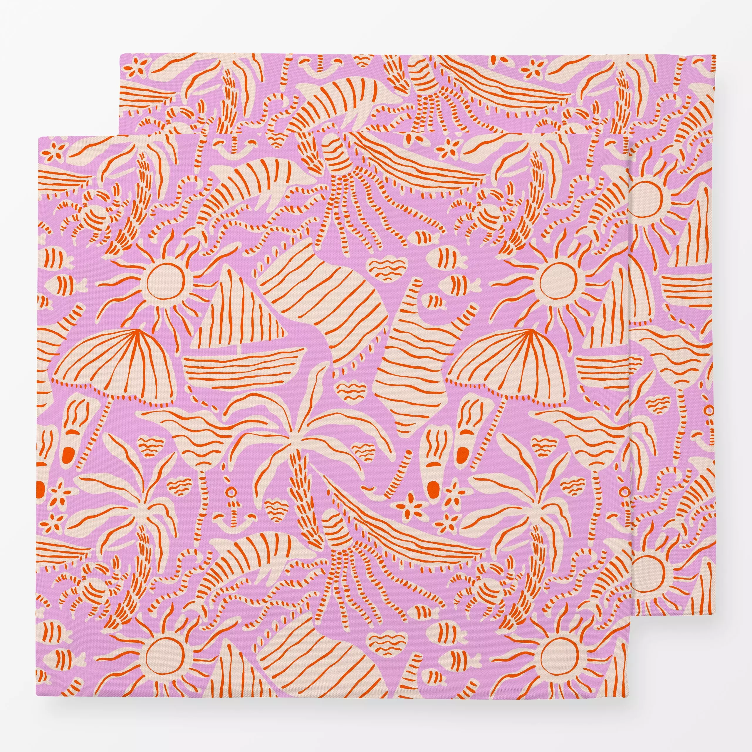 Servietten Urlaub rosa - Sommer, Symbole & Muster - von „Julia Schumacher"; Palmen, Fische, beige, Muscheln, Boot, Qualle, a...