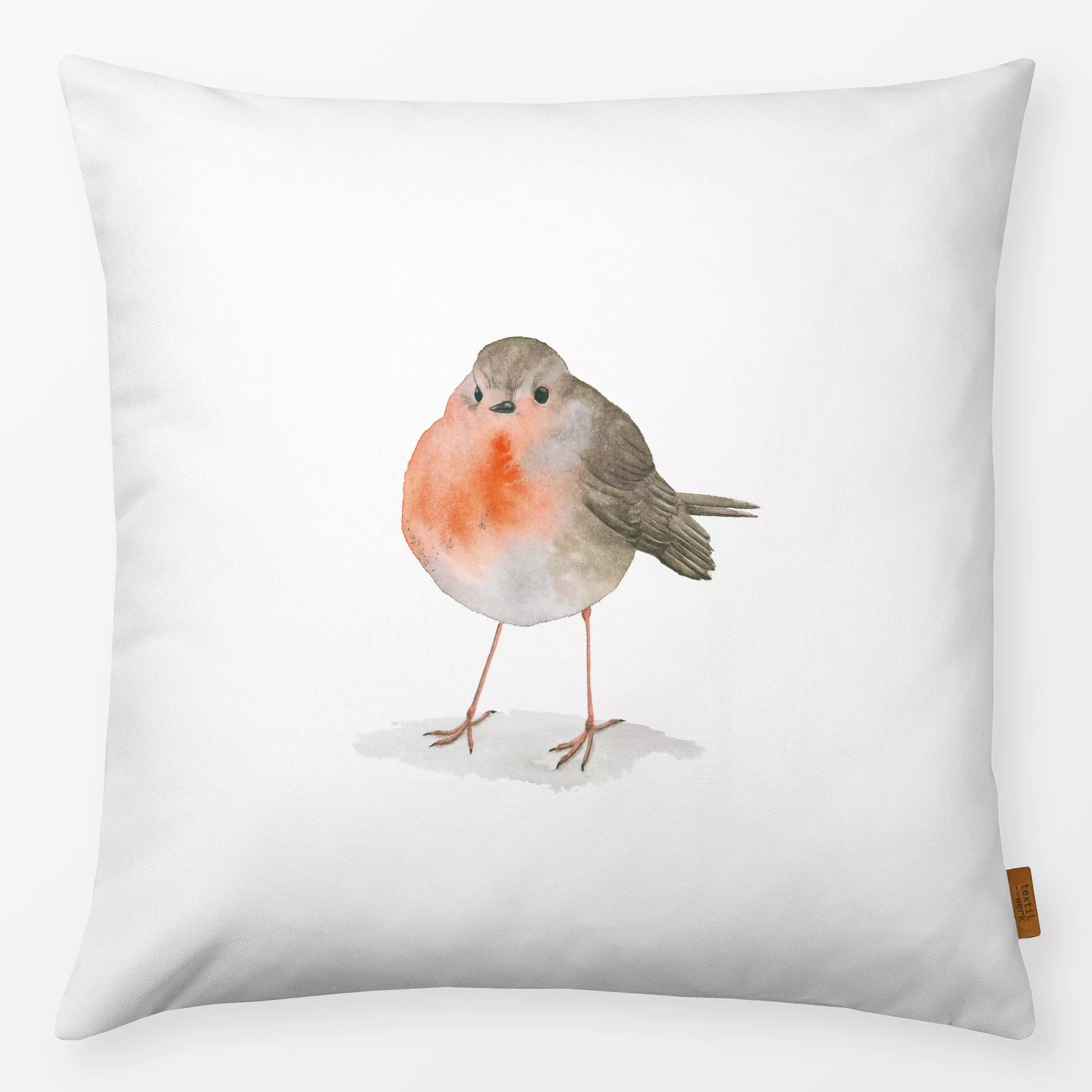 Kissen Rotkehlchen - Frühling, Sommer, Tiere - von „ask a duck"; Aquarell, Vogel, Rotkehlchen, watercolour