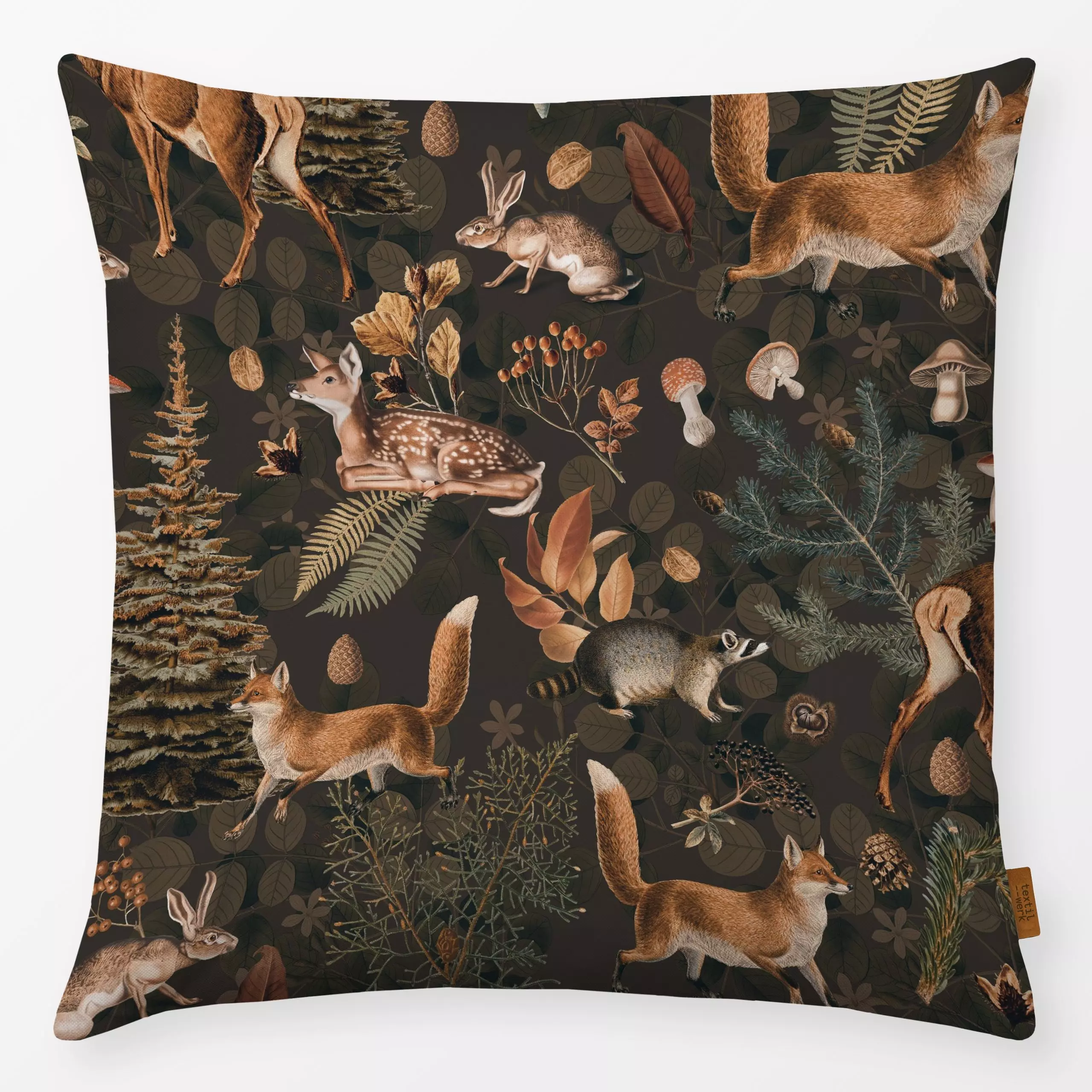 Kissen Fall Forest Impressions brown - Herbst, Natur & Landschaft, Tiere - von „Andrea Haase"; Wald, Fuchs, Wildtiere, Hirsc...