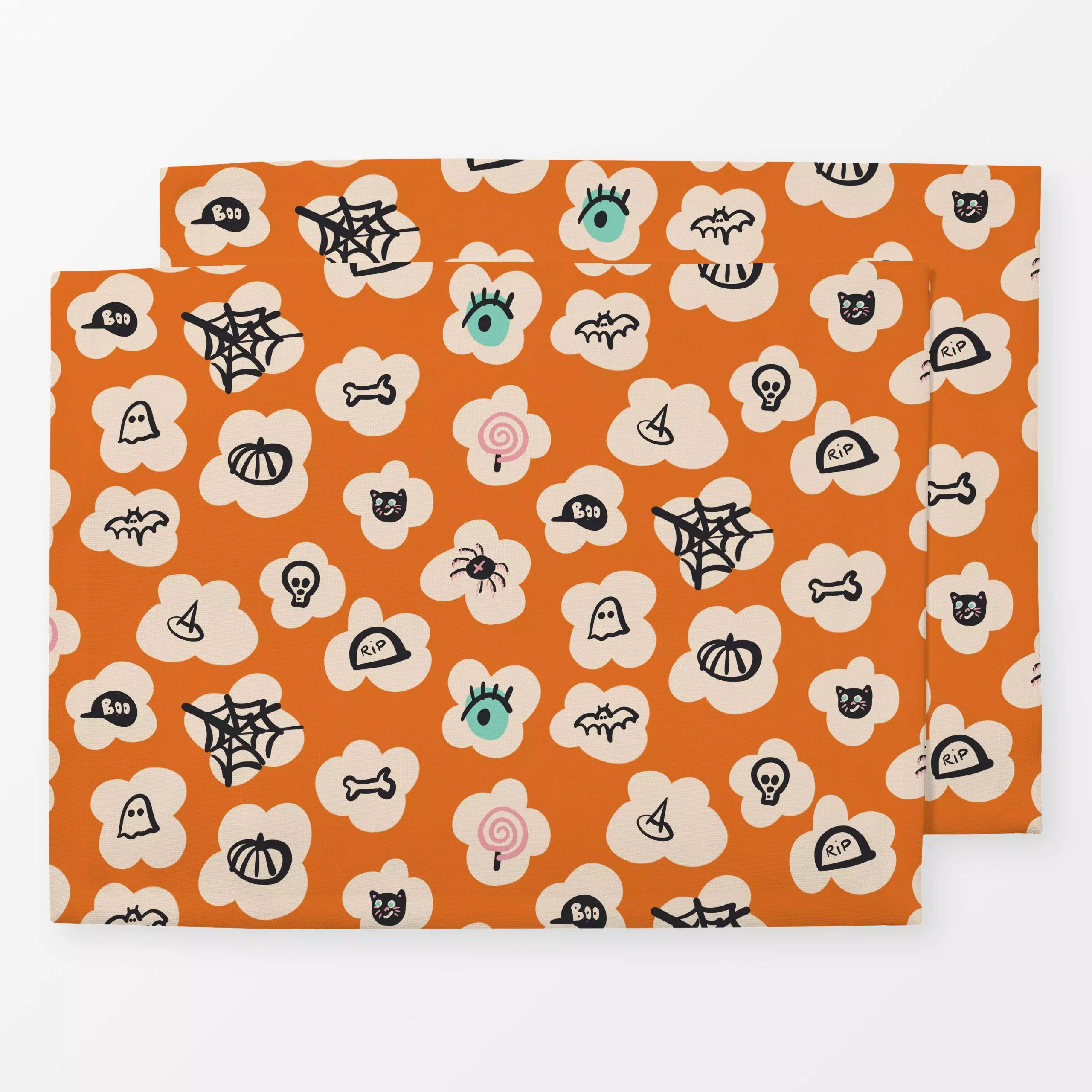 Tischset Halloween Popcorn - Herbst, Symbole & Muster, Anlässe - von „Julia Schumacher"; Lolly, Auge, Katze, Gespenst, Spinn...