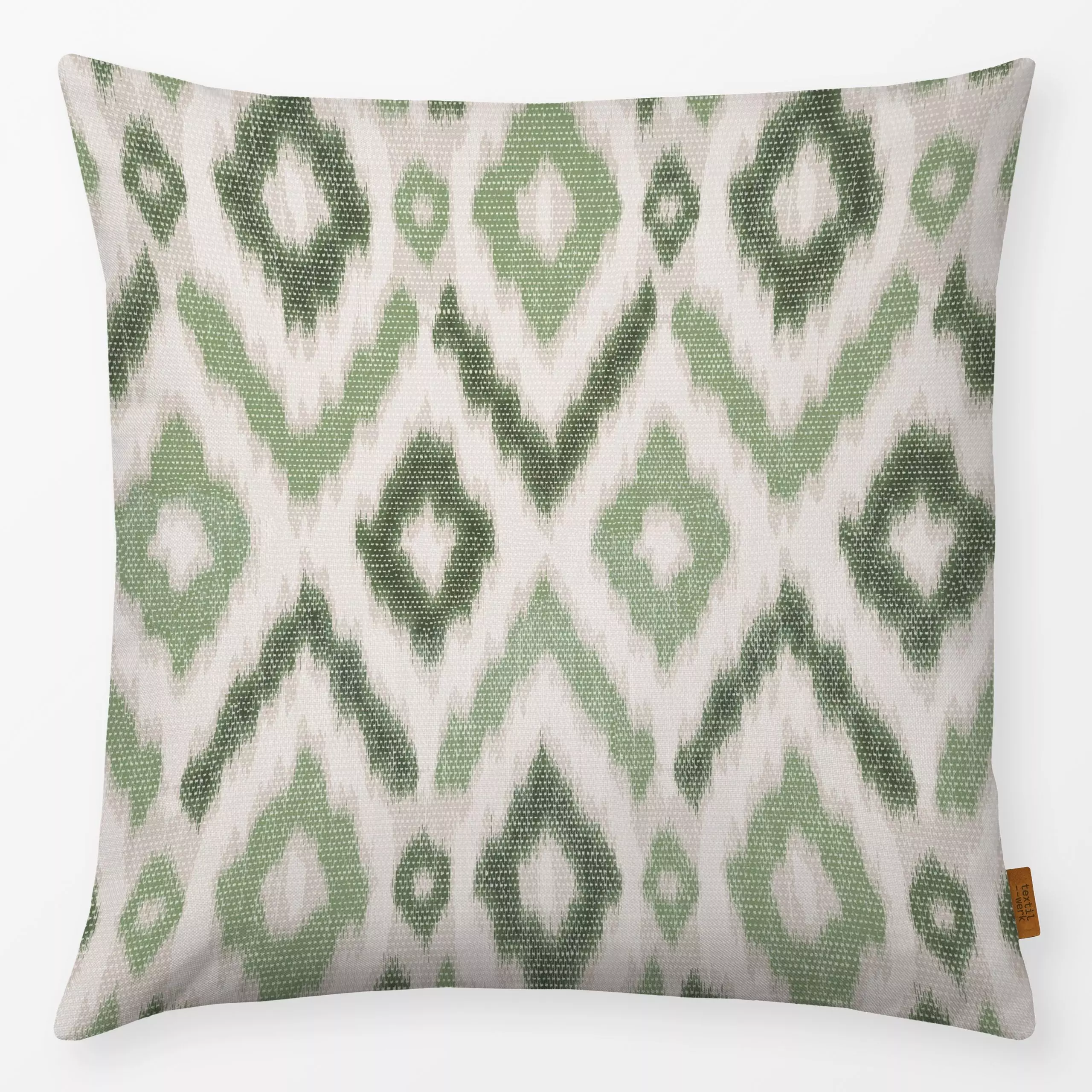 Kissen Diamonds Ikat Light Green - Symbole & Muster, Reise - von „Studio Kesse"; marrakesch, marrokko, boho, Ethno, Zickzack...