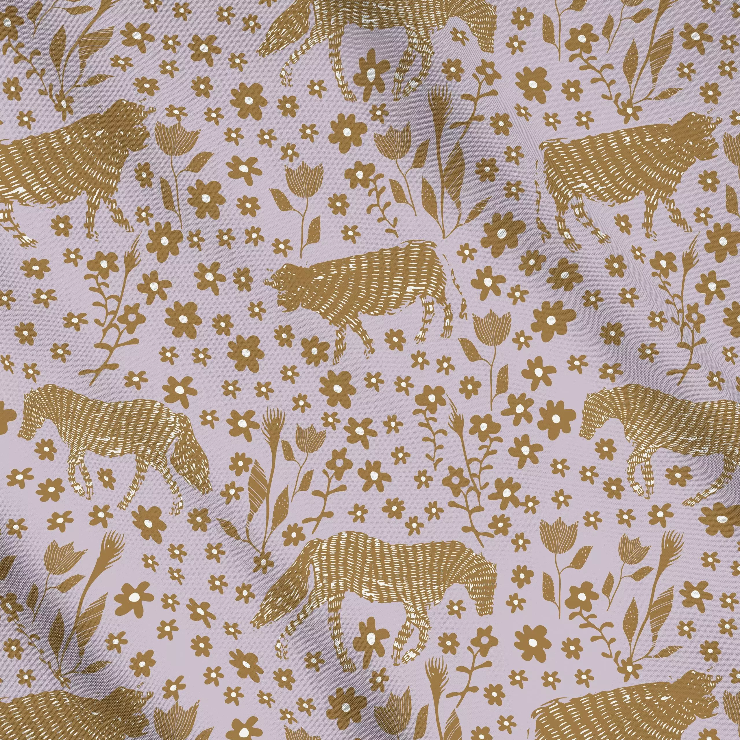 Meterware Weide lila - Herbst, Tiere - von „Patries Elisabeth"; Muster, Kuh, Pferde, Tiere, landhaus, Blumenwiese, Khaki, Ba...