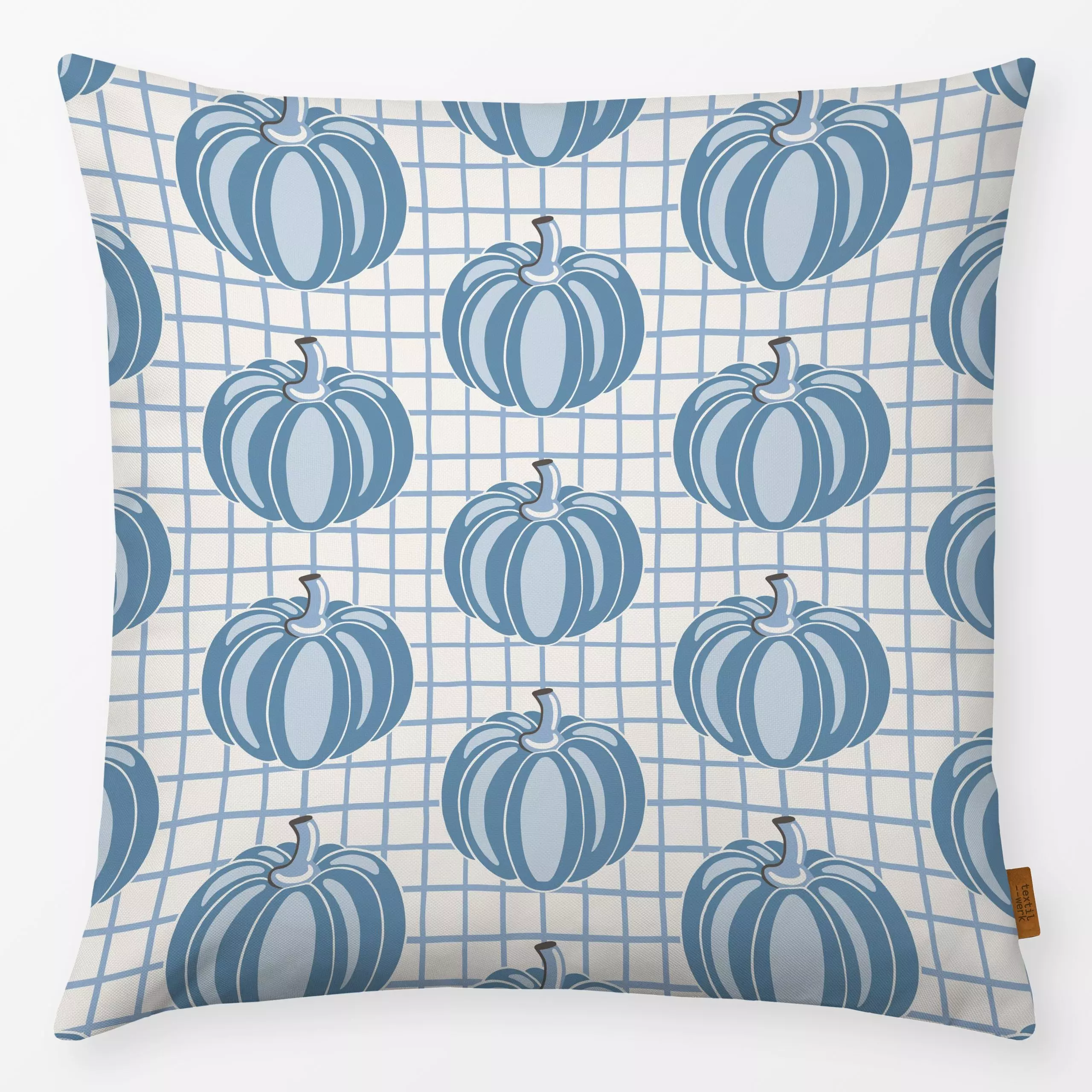 Kissen Kürbisse auf Karo Blau - Herbst, Symbole & Muster, Gemüse - von „Vivian Hasenclever"; Natur, skandinavisch, Herbst, l...