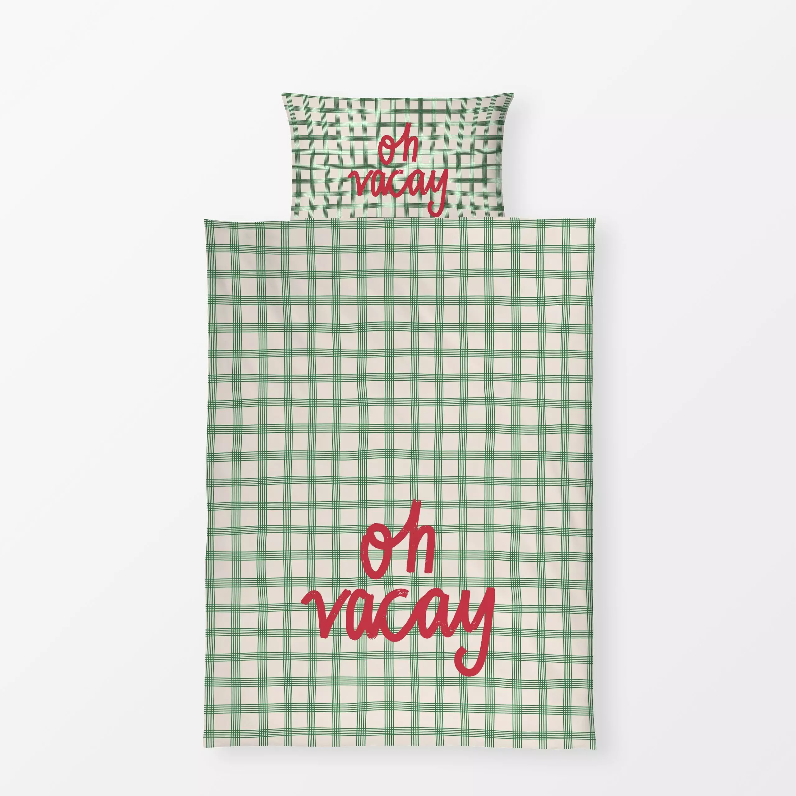 Bettwäsche Oh Vacay Green - Sprüche & Schriftzüge - von „Kruth Design"; Garten, Protea, Sommer, spruch, Spruchkissen, karier...