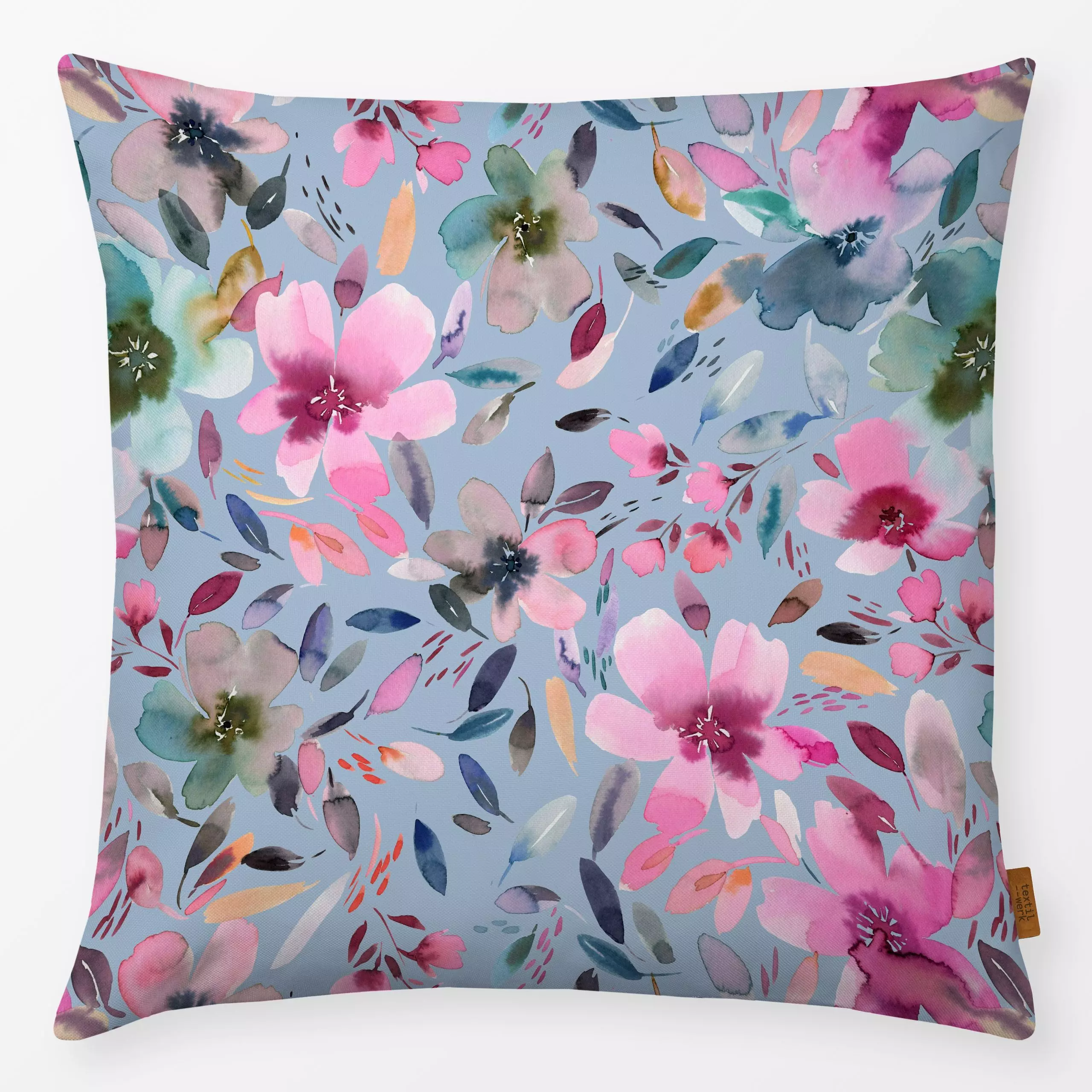 Kissen Sommer Florale Aquarell Blau - Blumen & Florales, Natur & Landschaft, Pflanzen & Botanik - von „Ninola Design "; boho...