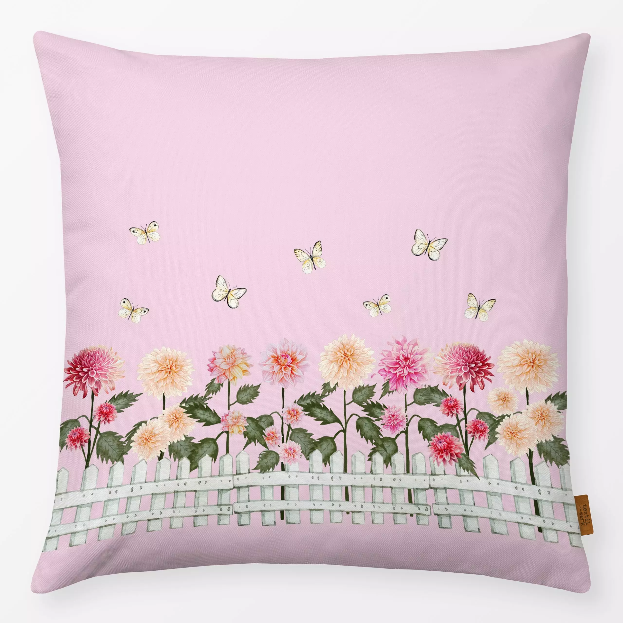 Kissen Cottage Summer Blumen am Zaun - Blumen & Florales, Sommer, Tiere - von „Monika Strigel"; rosa, Schmetterling, pink, l...