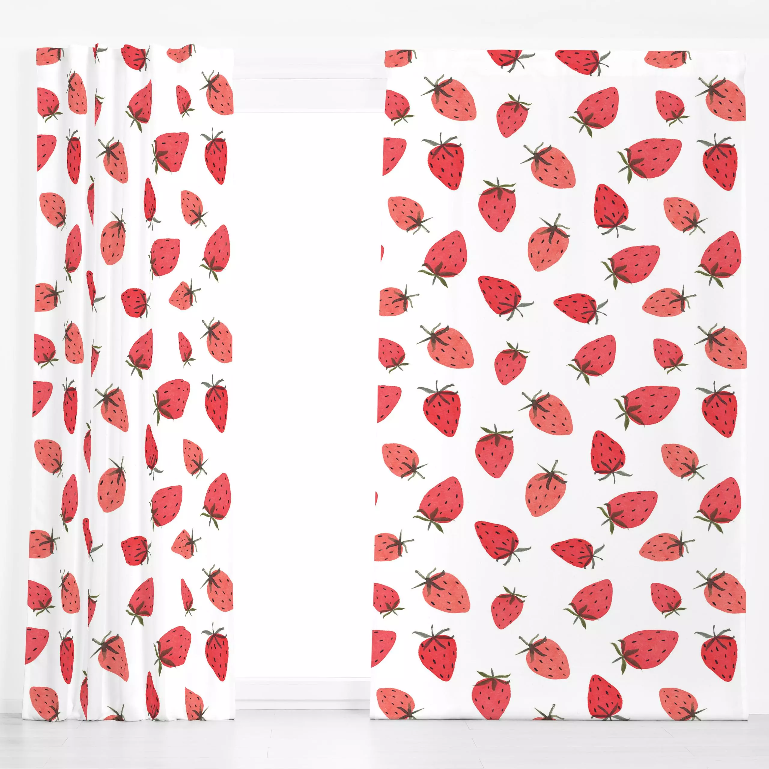 Dekovorhang Confetti Erdbeeren - Sommer, Früchte - von „Lena Yokota"; Muster, Erdbeeren, Früchte, Sommer, rot, frisch, Pickn...