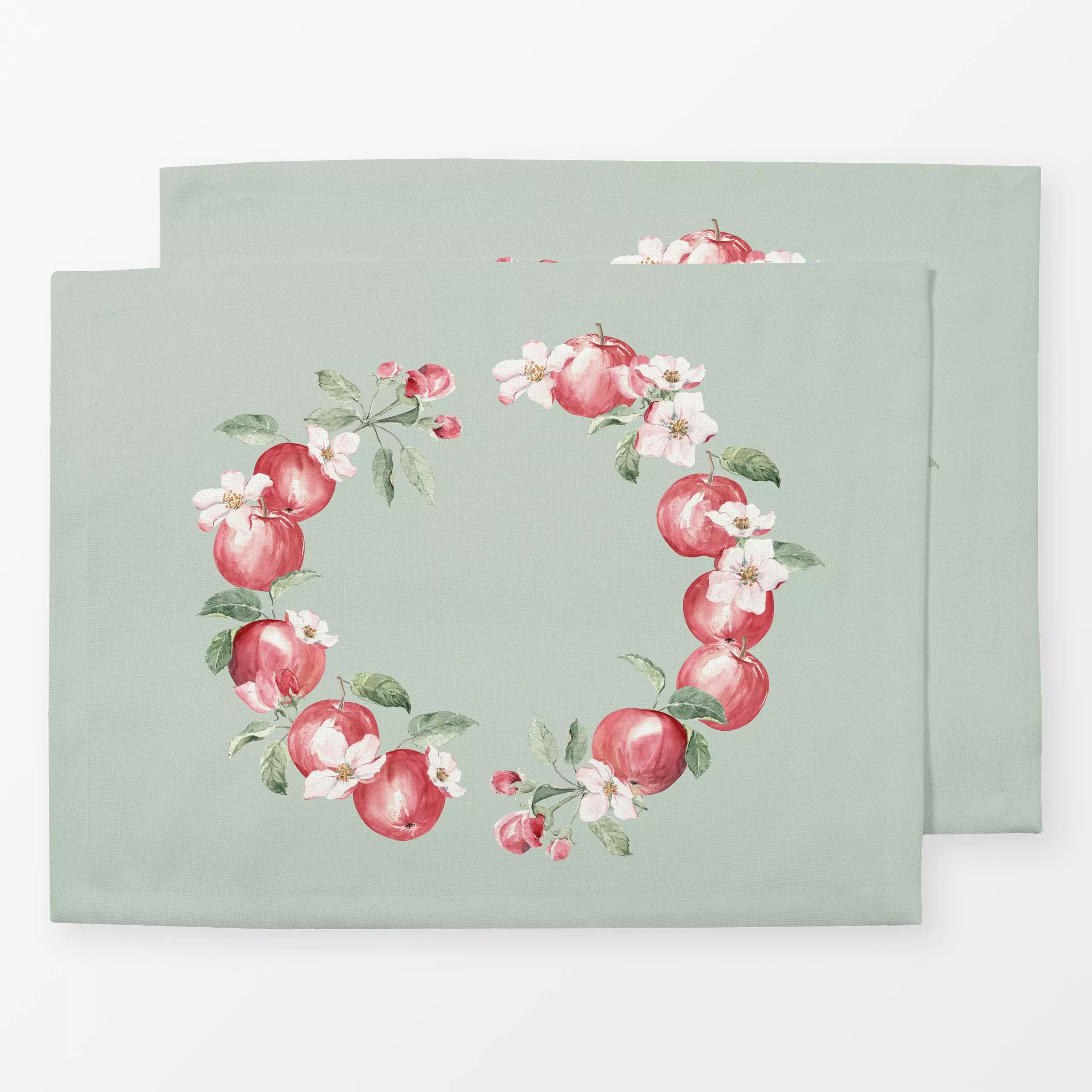 Tischset Apfel Kranz milky hellgrün - von „Katrin Graff"; Apfel, Herbst, rot, kranz, Herbstdeko, herbstlich, watercolor, Lan...