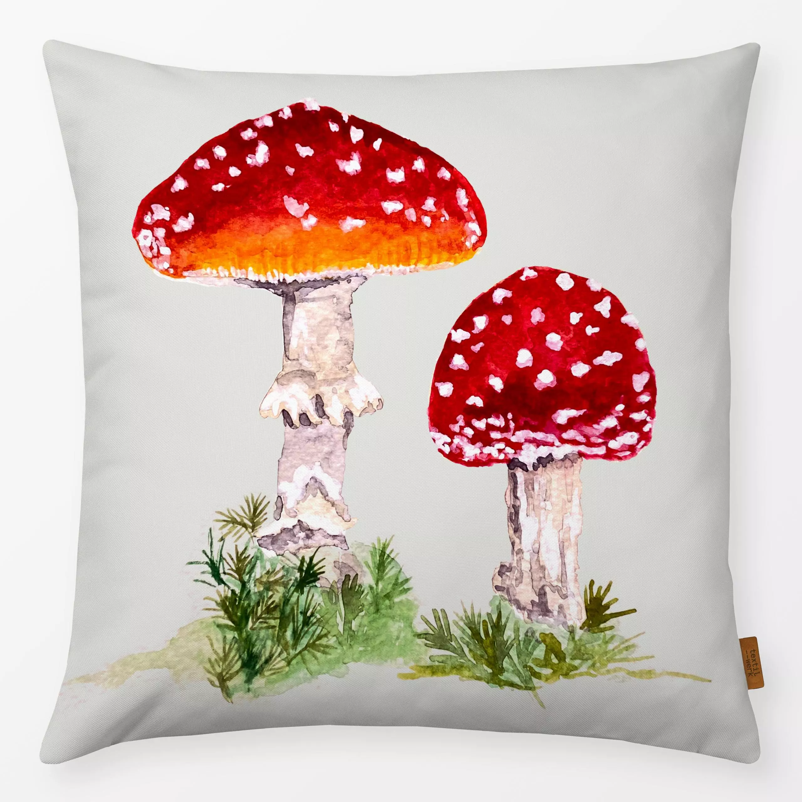 Kissen Fliegenpilz Rot Weiß Grau - Herbst, Natur & Landschaft - von „Mareen Heinz"; Wasserfarben, Aquarell, Illustration, Wa...