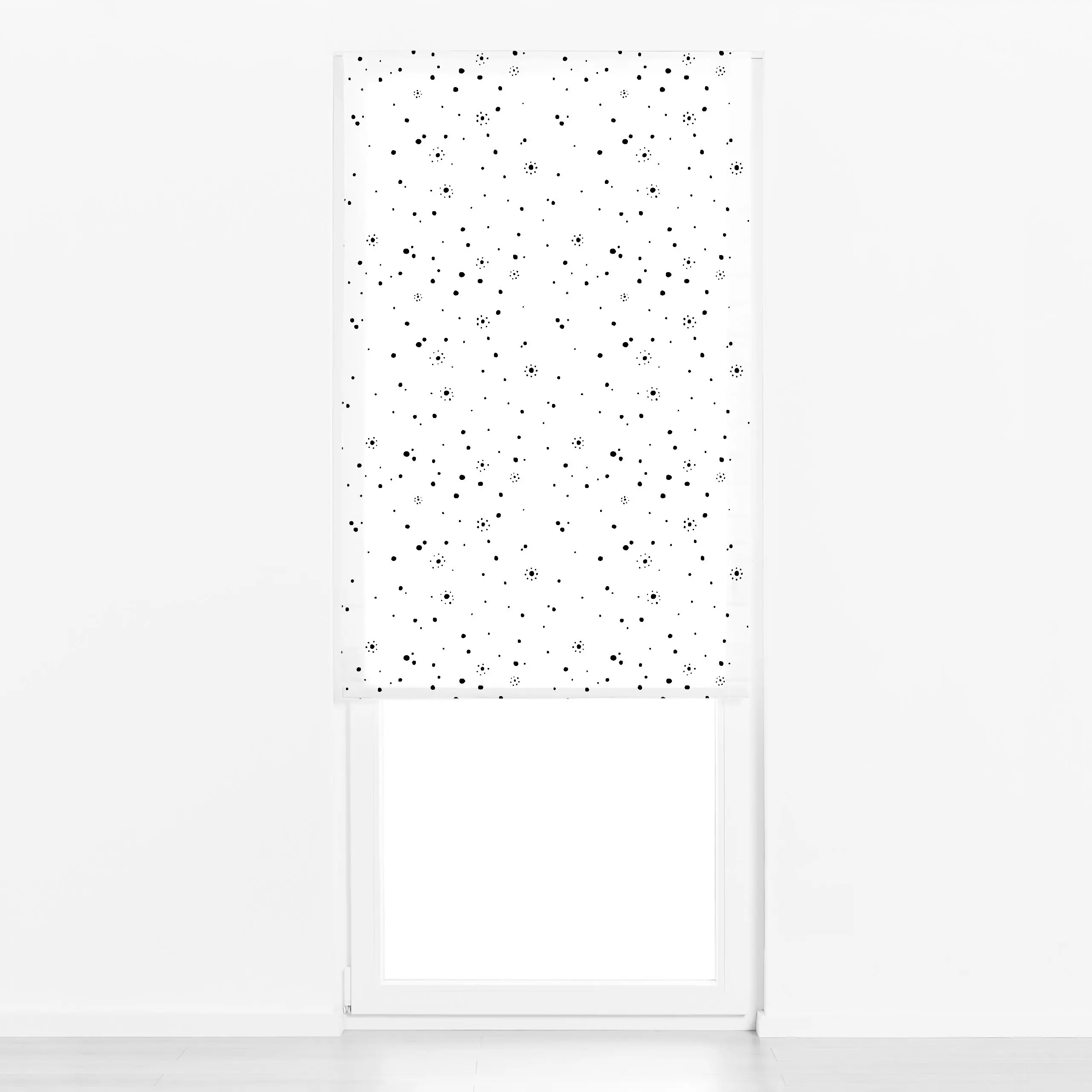 Raffrollo Sun Dots | schwarz weiss - Symbole & Muster - von „moDeern Design Studio"; Muster, Punkte, Sonne, wohnzimmer, patt...