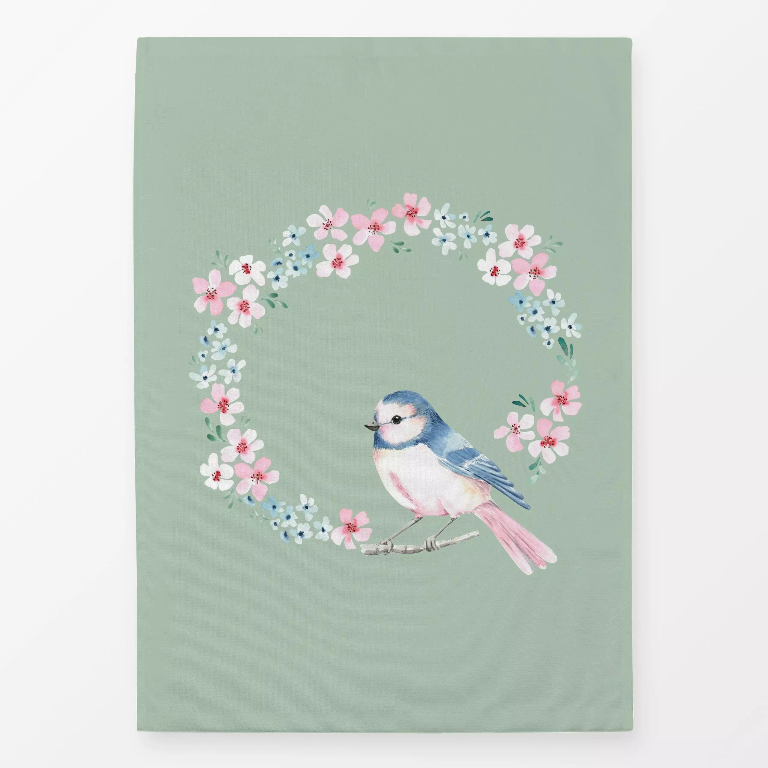 Geschirrtücher Blumenkranz Vogel grün - Blumen & Florales, Frühling, Tiere, Ostern - von „Katrin Graff"; Vogel, Eisvogel, Ve...