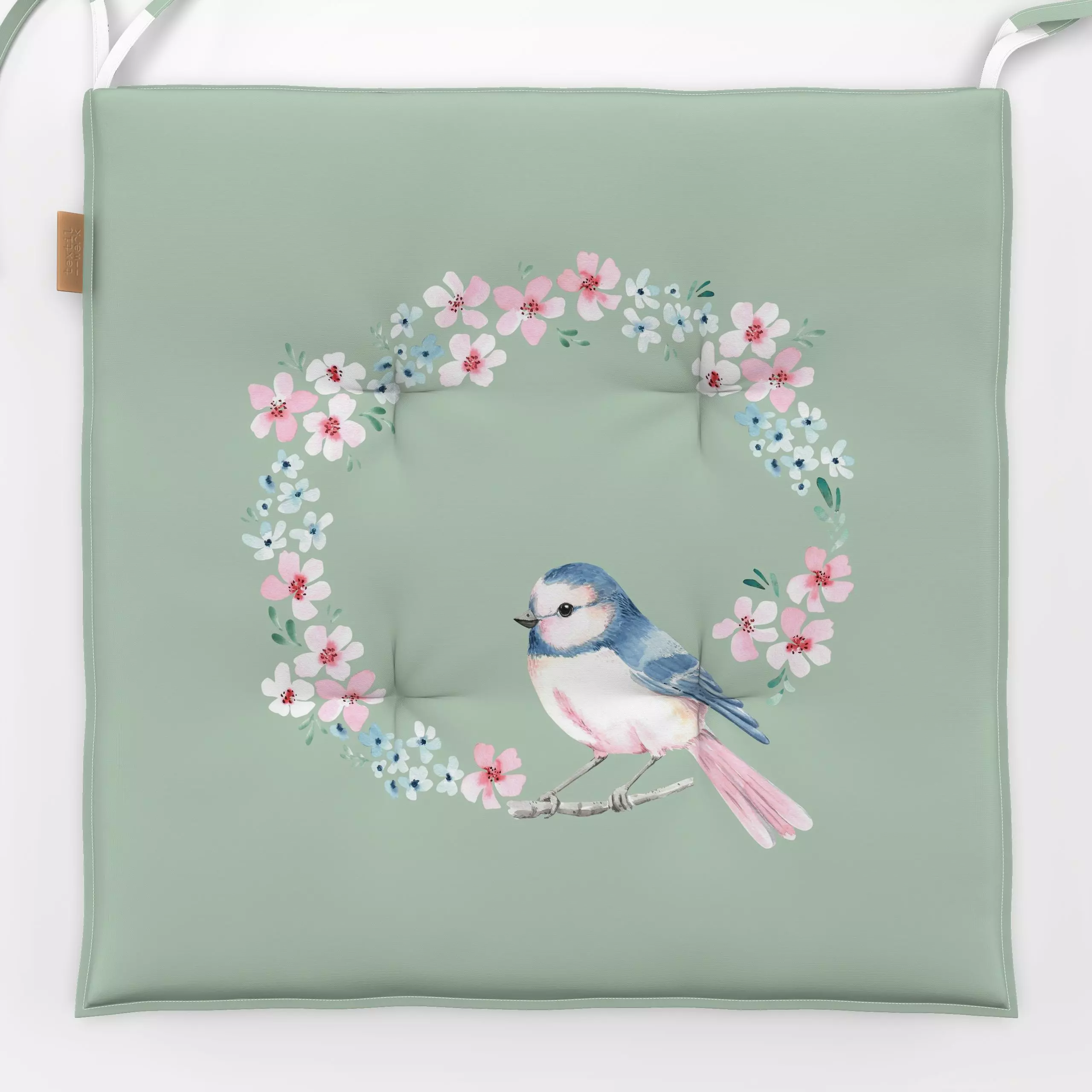 Sitzkissen Blumenkranz Vogel grün - Blumen & Florales, Frühling, Tiere, Ostern - von „Katrin Graff"; Vogel, Eisvogel, Vergis...