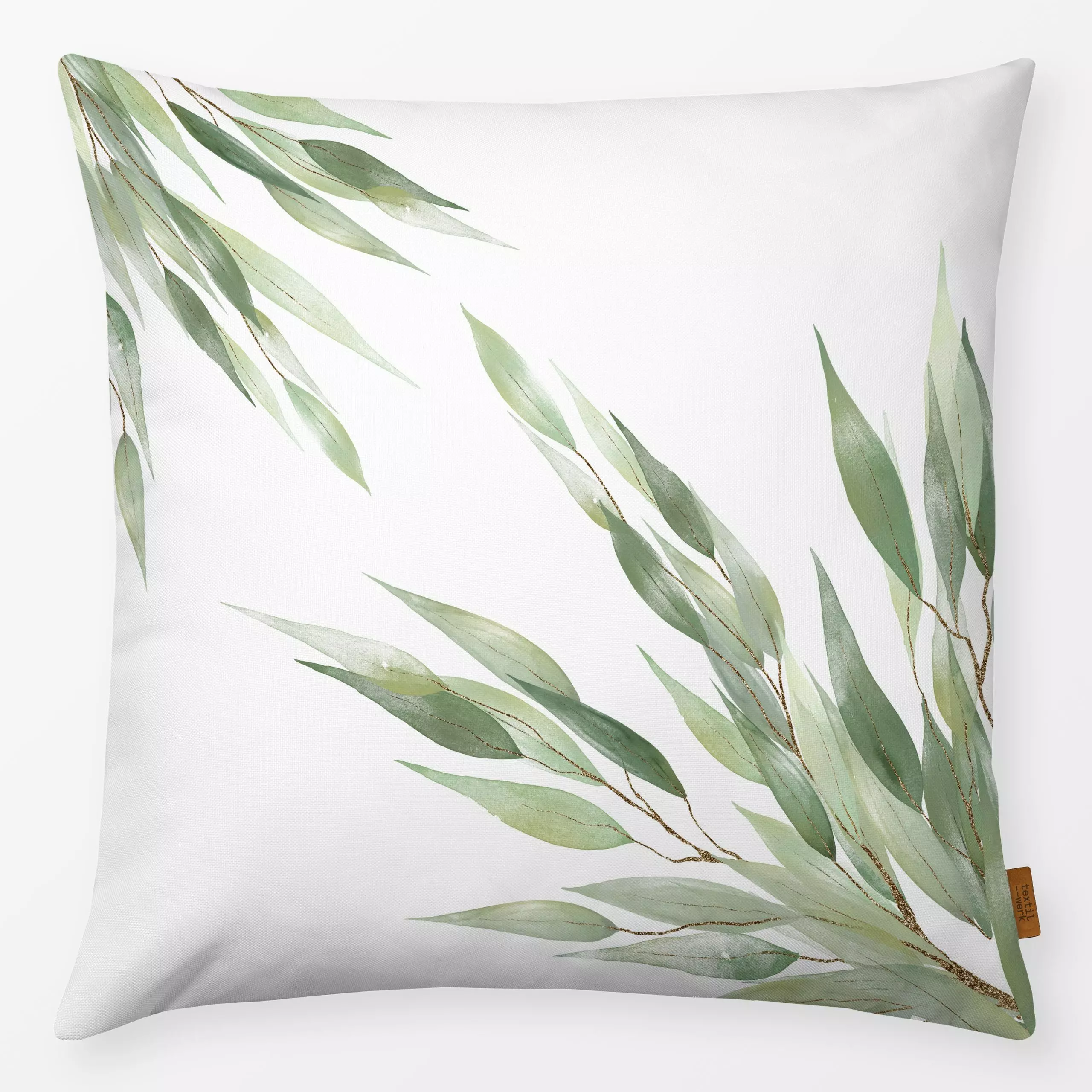 Kissen Eucalyptus Watercolor - Blumen & Florales, Pflanzen & Botanik - von „Uta Naumann"; Zweig, Blatt, skandinavisch, Blätt...