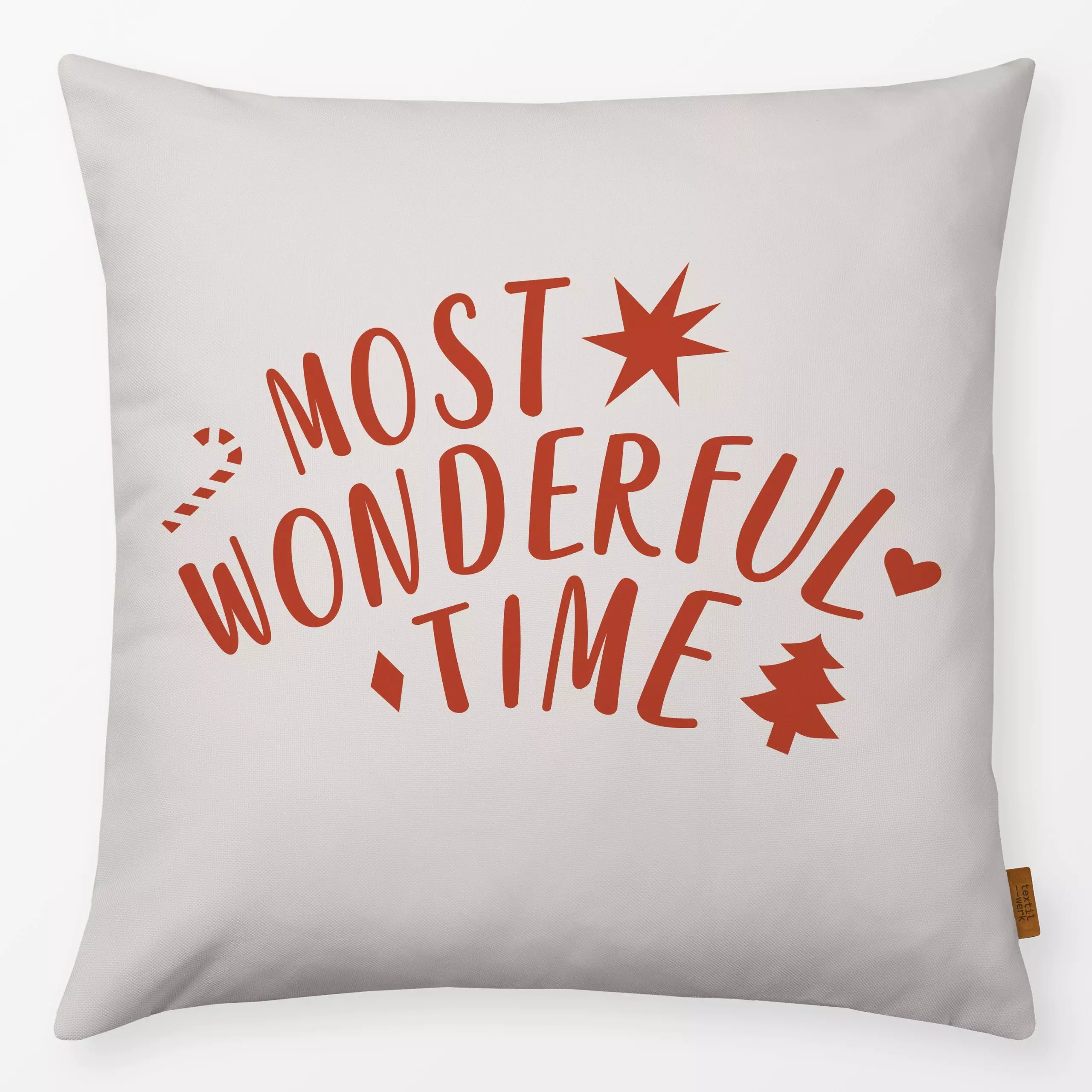 Kissen Christmas Time - Sprüche & Schriftzüge, Weihnachten, Anlässe - von „Jana Driver"; Weihnachten, beige, typografie, rot...