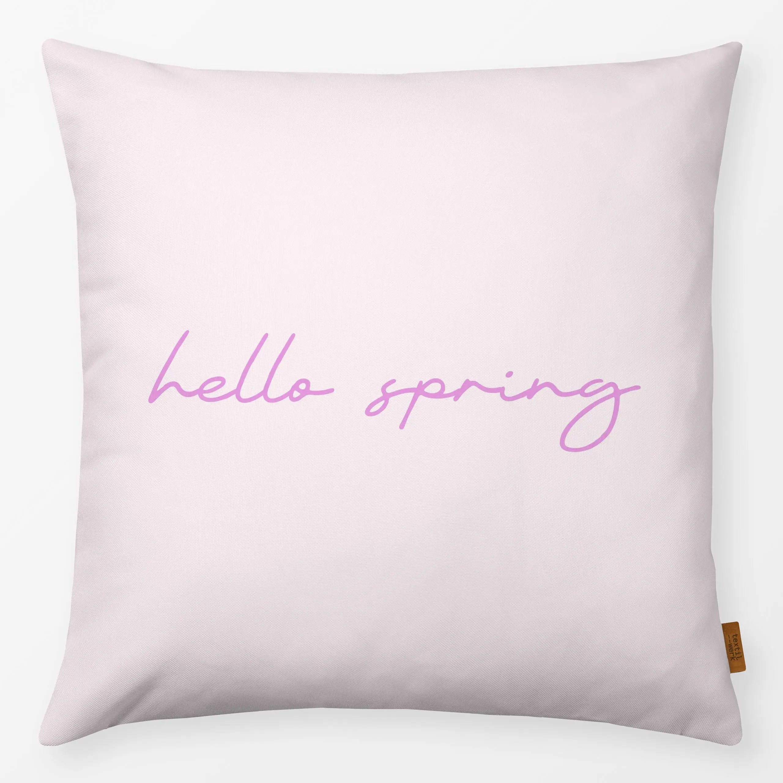 Kissen Hello Spring Lettering blush - Frühling, Sprüche & Schriftzüge - von „Karen Menzenbach"; beige, spruch, schrift, Spru...